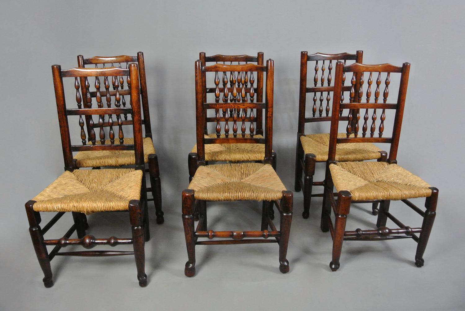 With an excellent colour and recently re-rushed seats, this beautiful set of spindle back chairs are solid elm and ash and are in very good condition throughout – sturdy and firm with no worm or replaced elements.

From a local estate and clearly