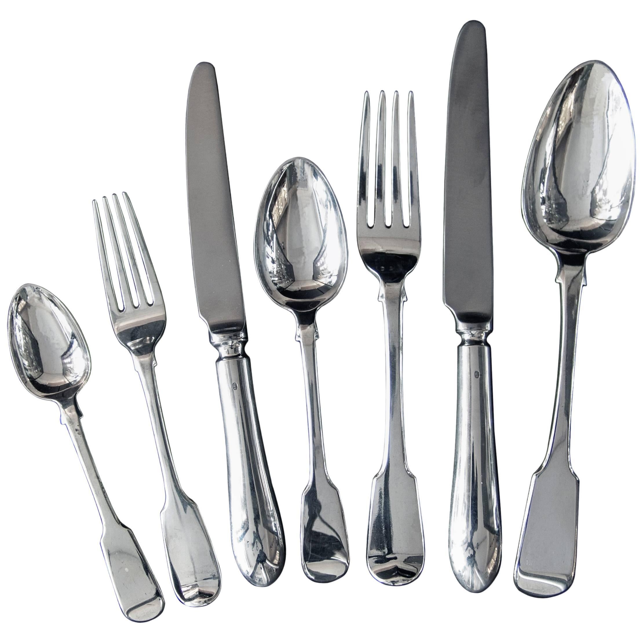 Good Antique 19th Century English Sterling Silver Fiddle Pattern Flatware For Sale