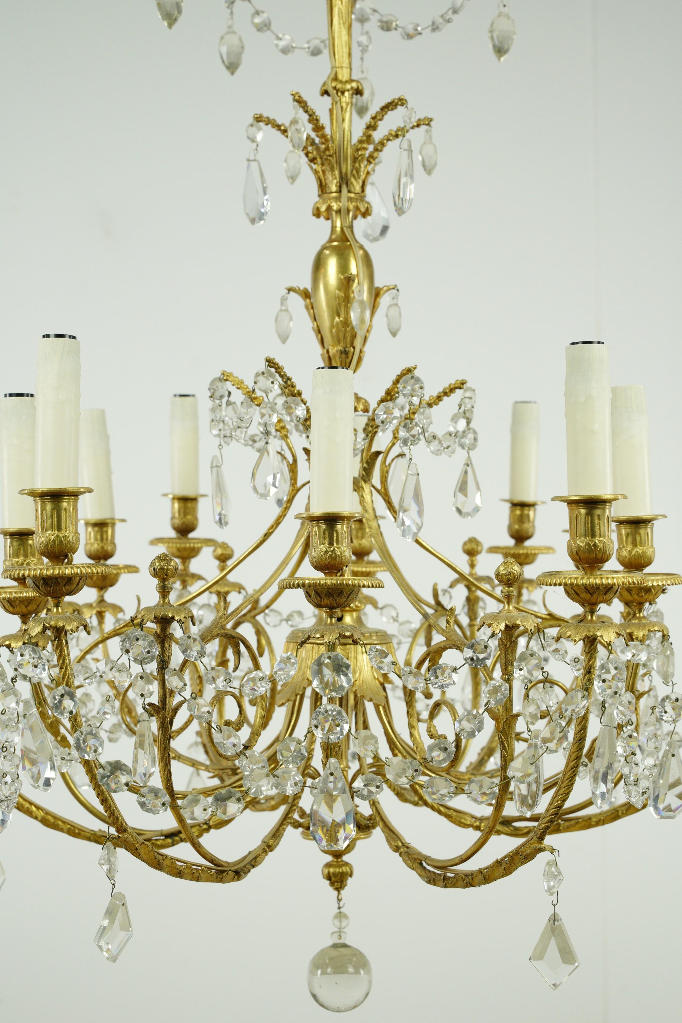 Good Antique French 12 Arm Gold Plated Crystal Chandelier For Sale 8