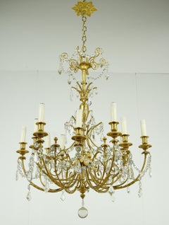 Good Antique French 12 Arm Gold Plated Crystal Chandelier