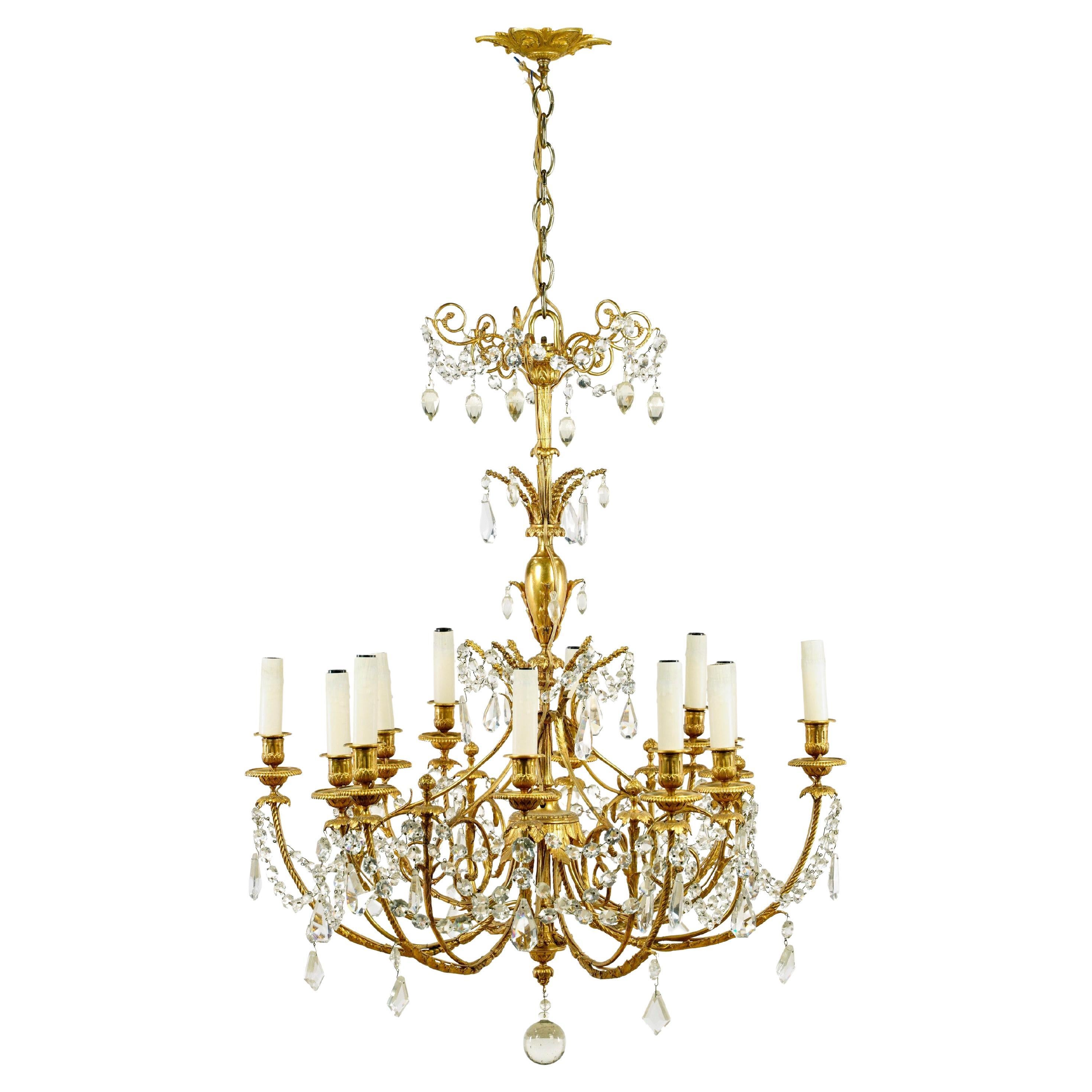 Good Antique French 12 Arm Gold Plated Crystal Chandelier For Sale