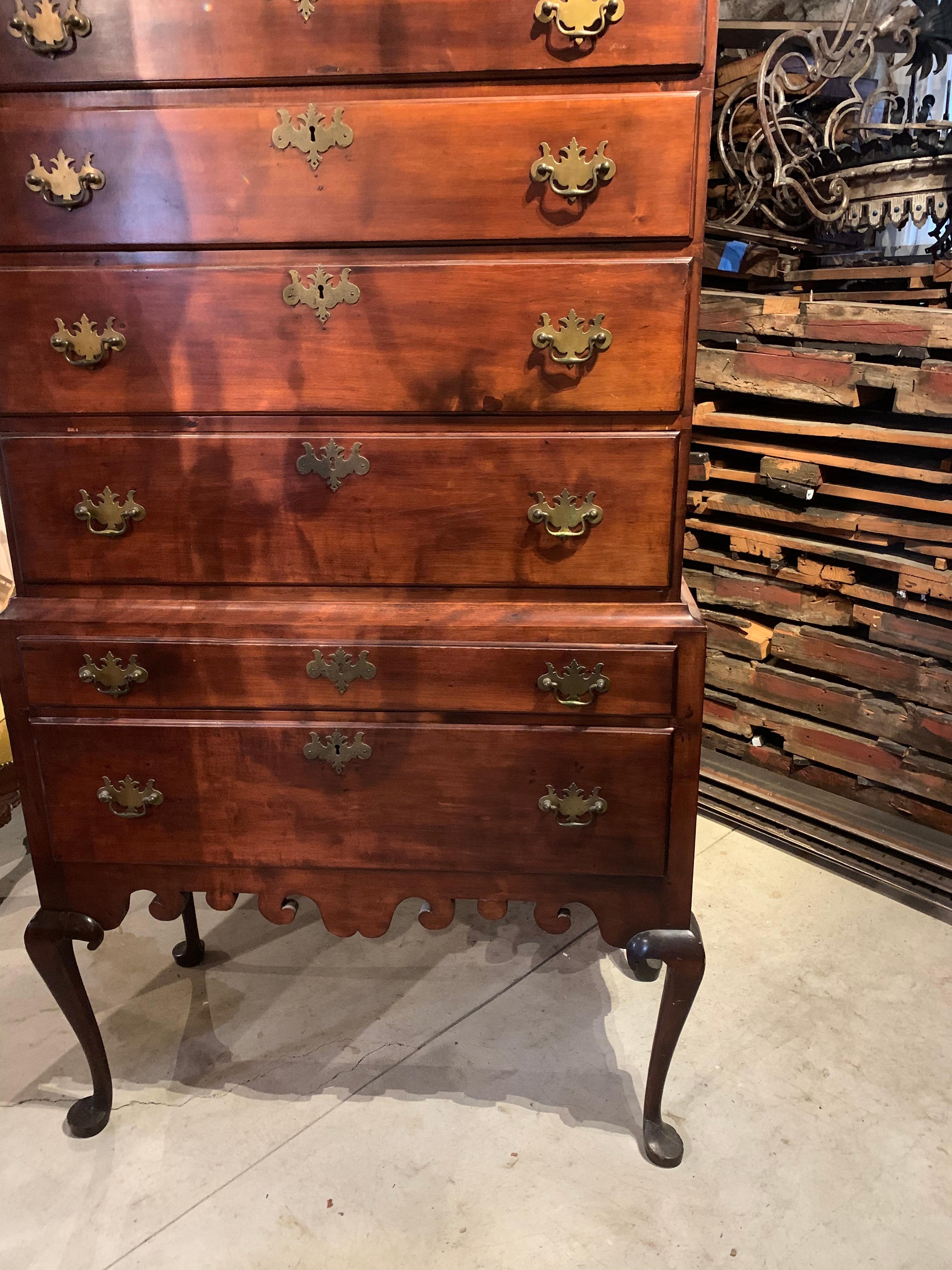 Good period Connecticut highboy. Top and bottom original to one another. Charming lower apron. Queen Ann Cabriole legs.
