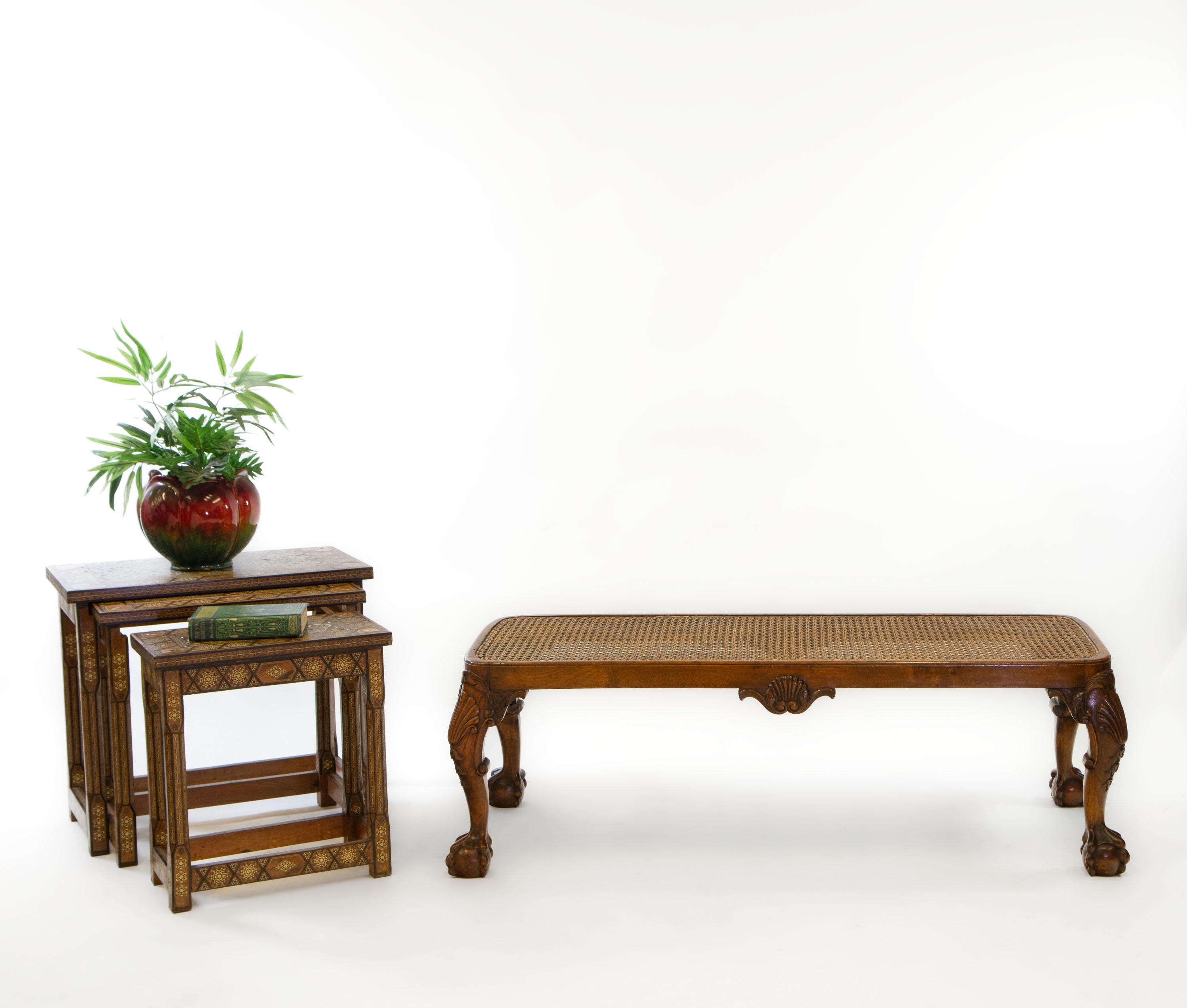 Hand-Carved Good English Antique Walnut & Cane Window Seat On Claw & Ball Legs For Sale