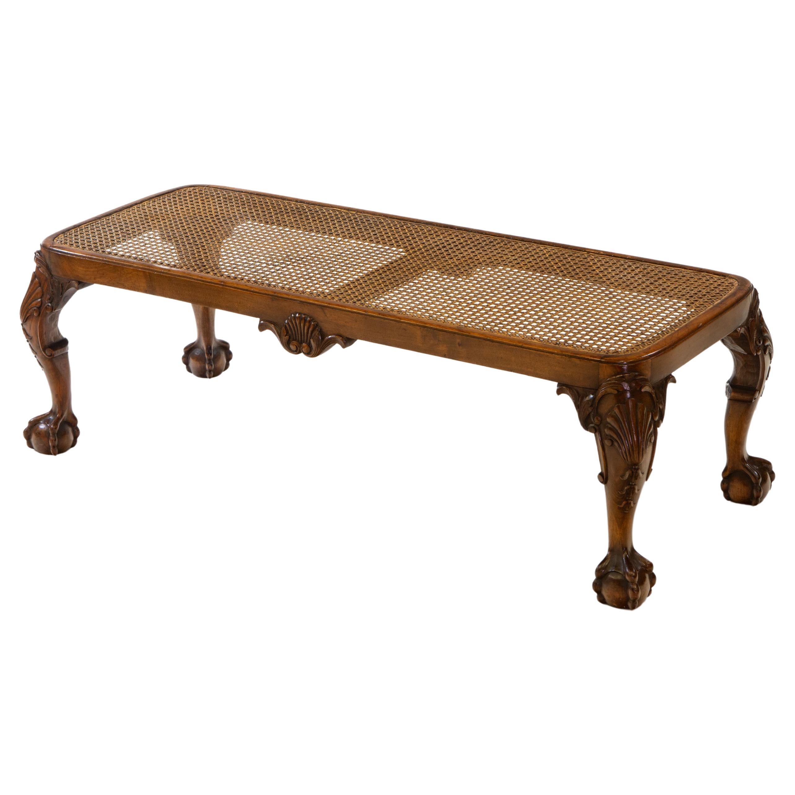 Good English Antique Walnut & Cane Window Seat On Claw & Ball Legs For Sale