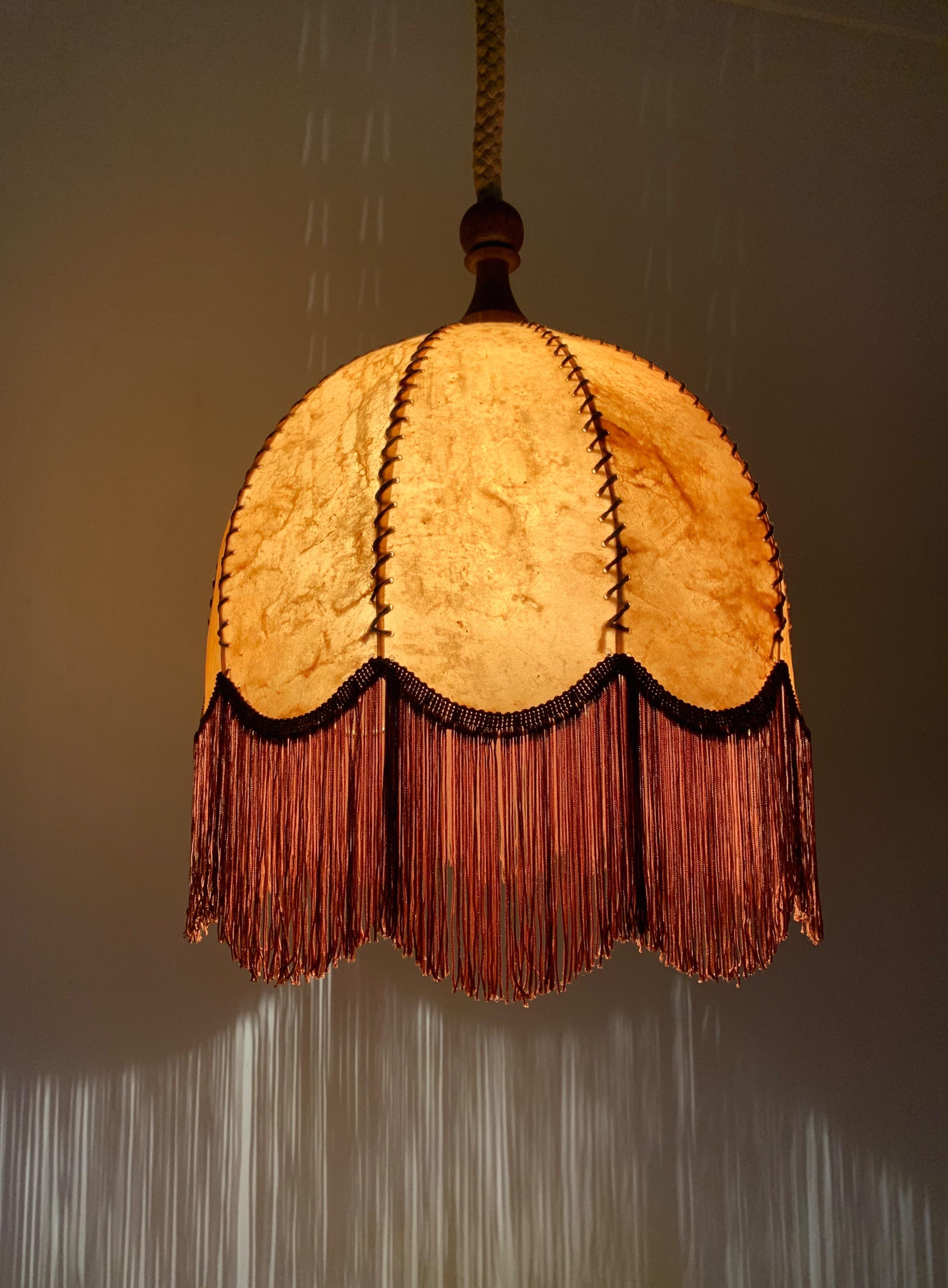 Good Looking Home Design Leather, Fringes, Wood and Rope Pendant Light, 1930s 3
