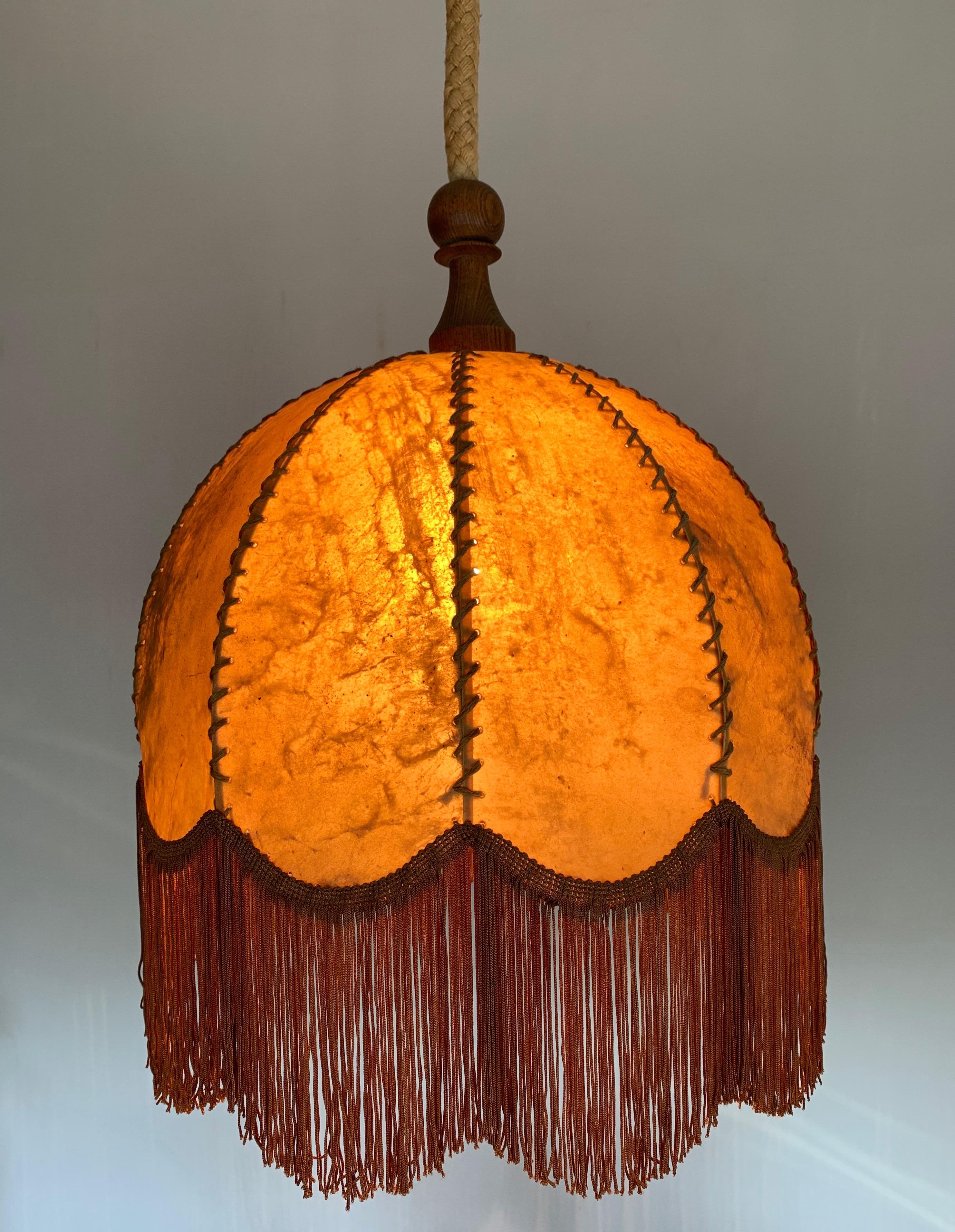 Good Looking Home Design Leather, Fringes, Wood and Rope Pendant Light, 1930s 8