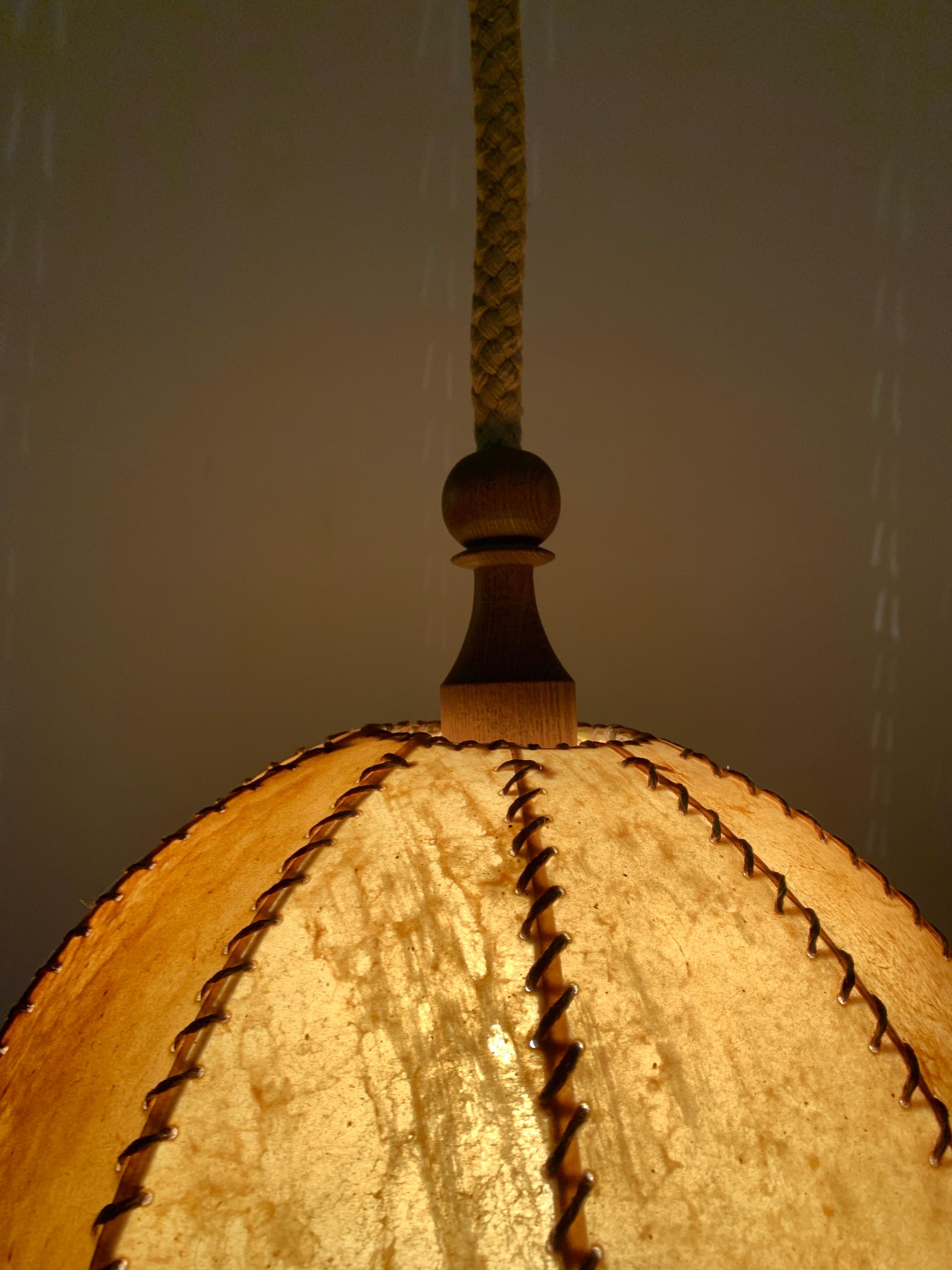 Good Looking Home Design Leather, Fringes, Wood and Rope Pendant Light, 1930s 9