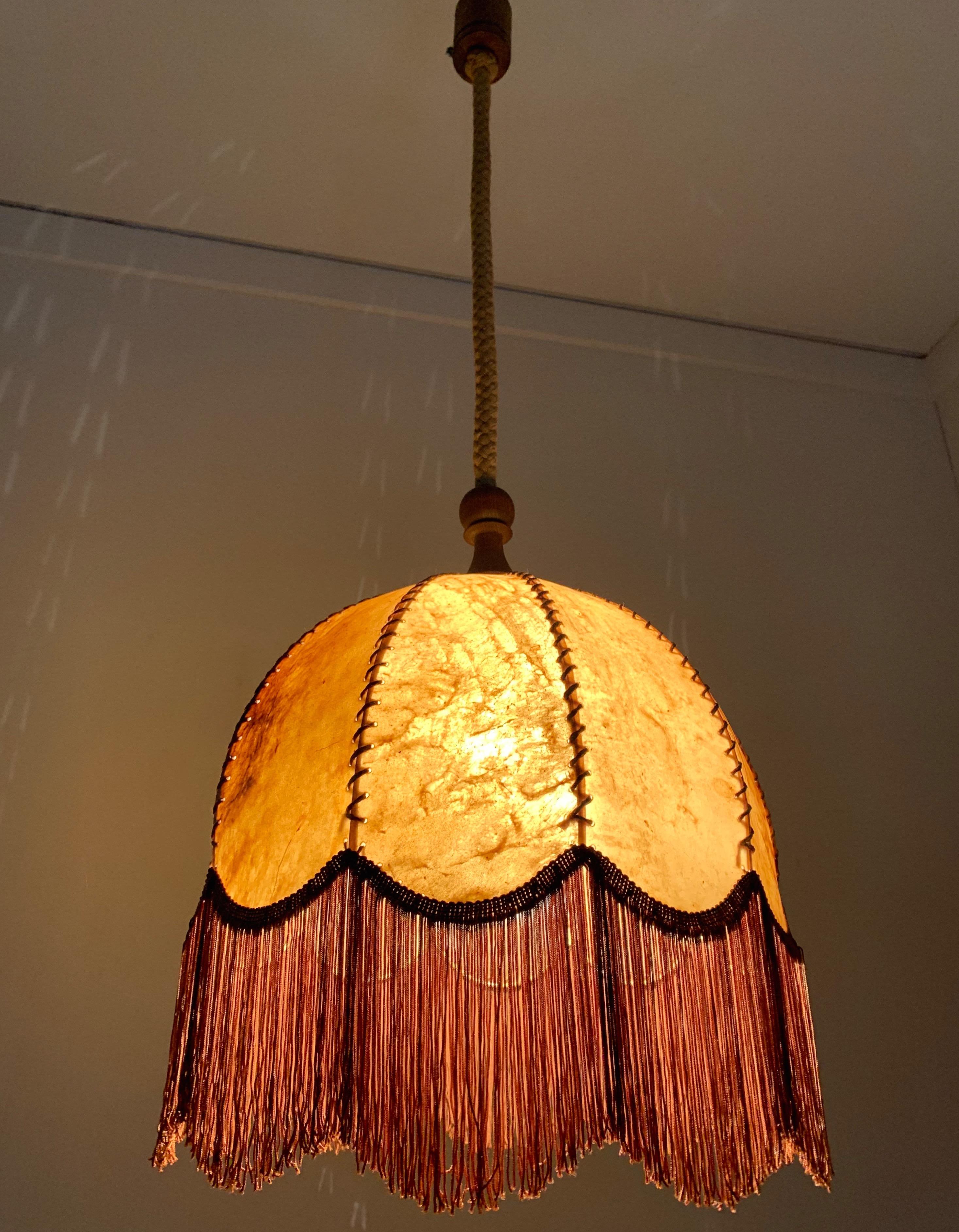Good Looking Home Design Leather, Fringes, Wood and Rope Pendant Light, 1930s 10