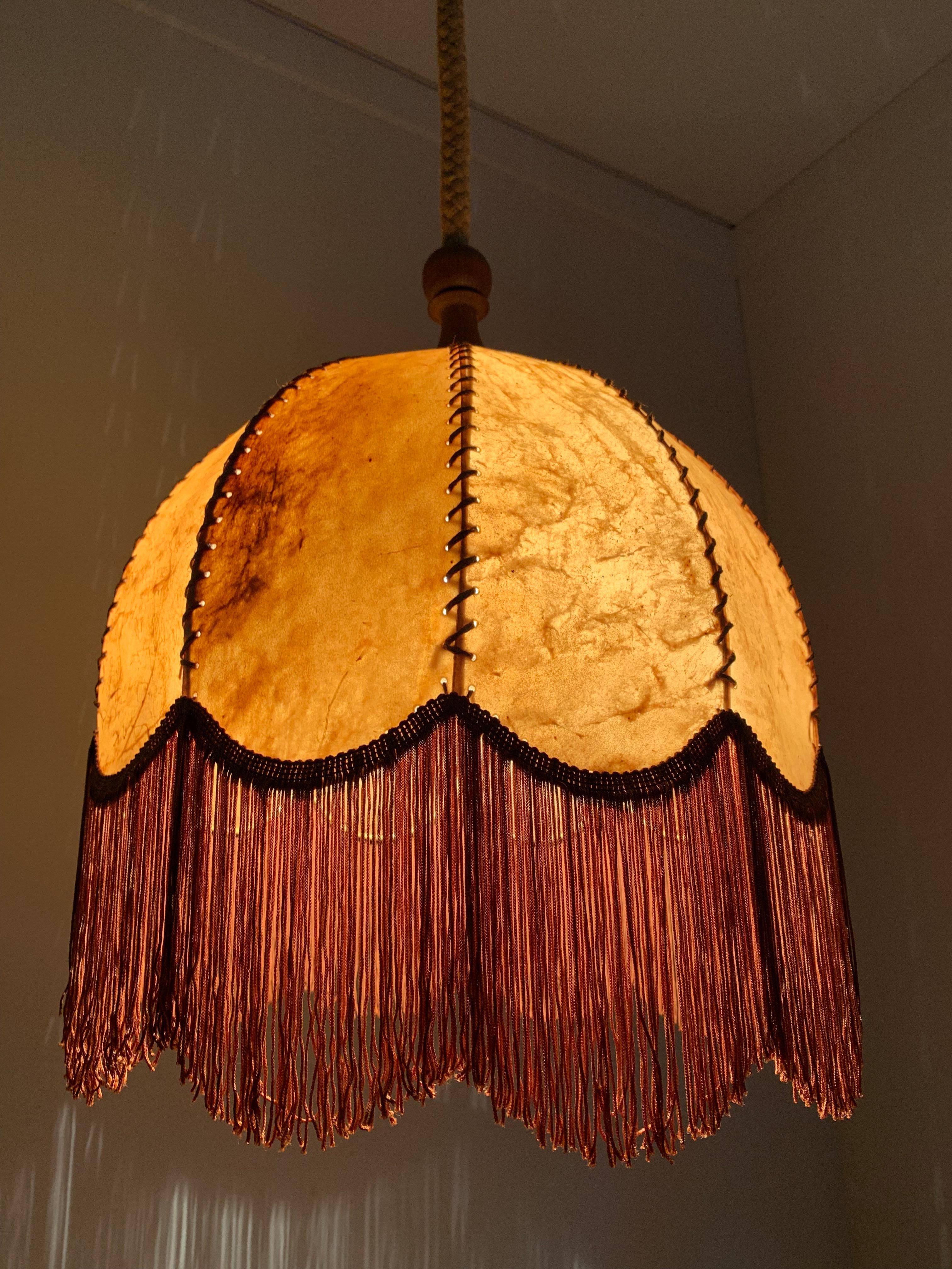 Good Looking Home Design Leather, Fringes, Wood and Rope Pendant Light, 1930s 11