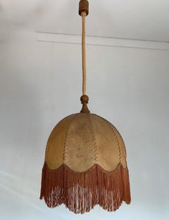 Good Looking Home Design Leather, Fringes, Wood and Rope Pendant Light, 1930s