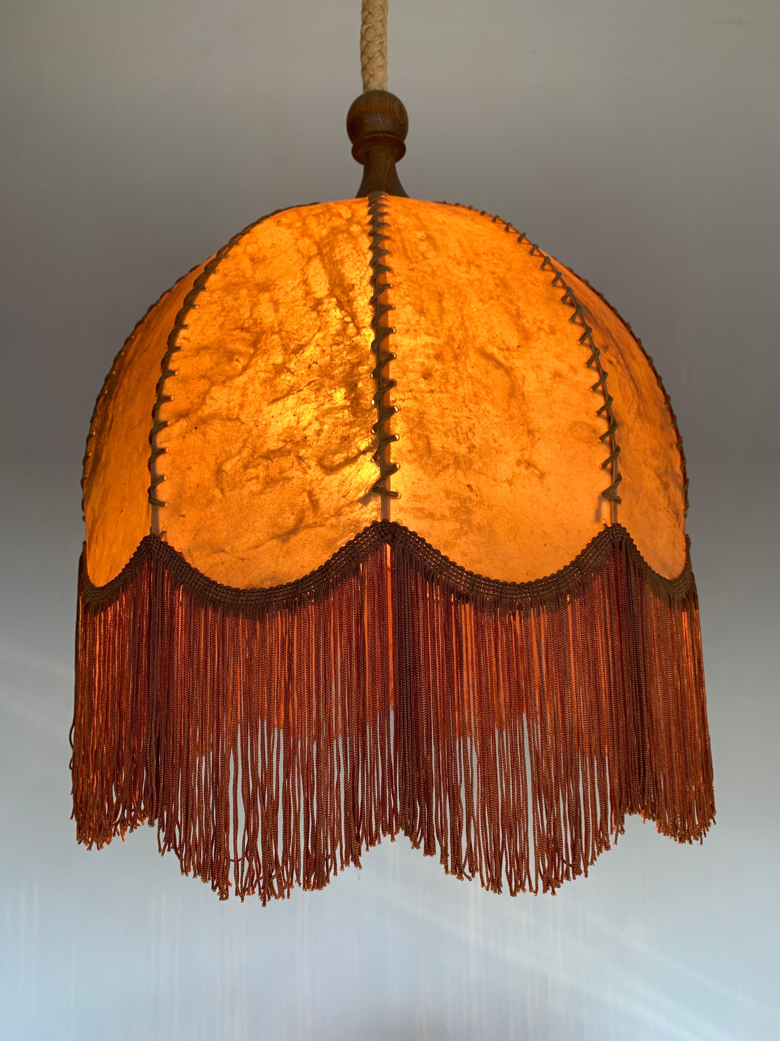 Rustic Good Looking Home Design Leather, Fringes, Wood and Rope Pendant Light, 1930s