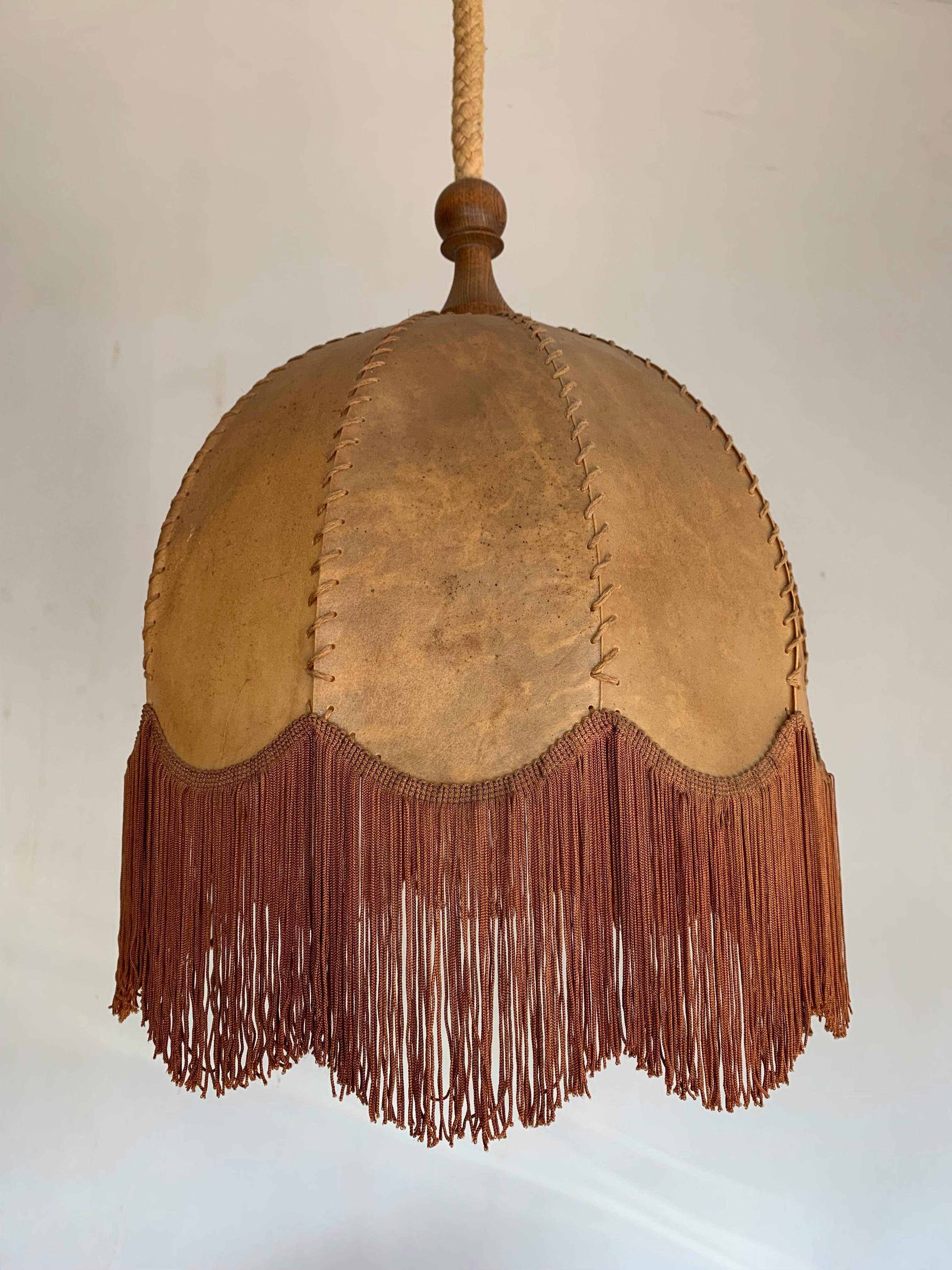 Dutch Good Looking Home Design Leather, Fringes, Wood and Rope Pendant Light, 1930s