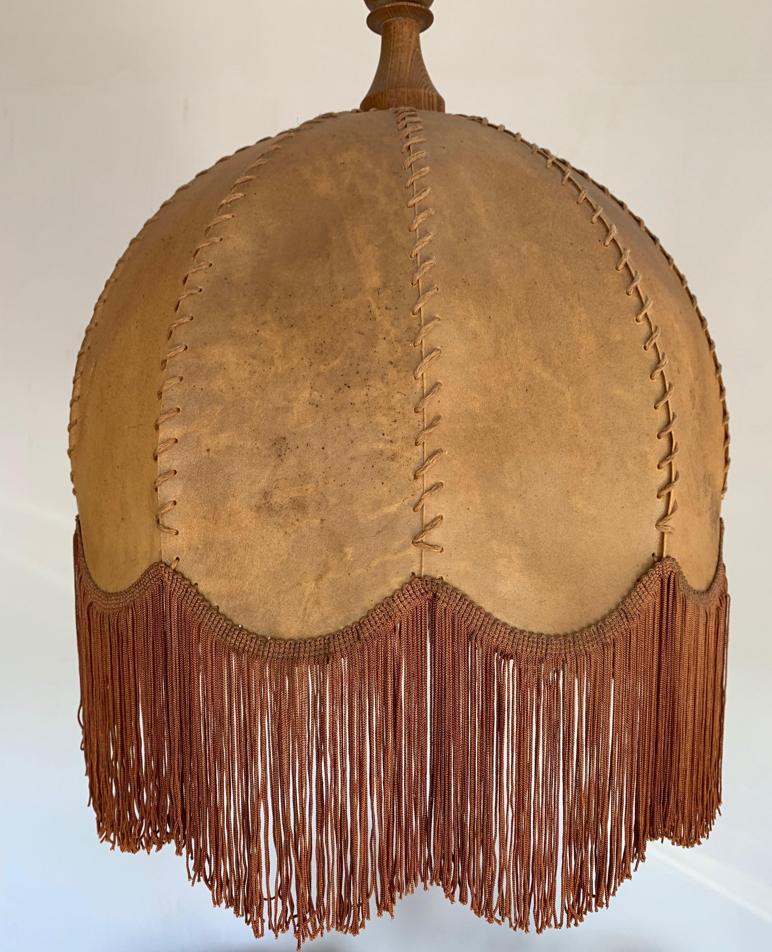 Good Looking Home Design Leather, Fringes, Wood and Rope Pendant Light, 1930s In Good Condition In Lisse, NL