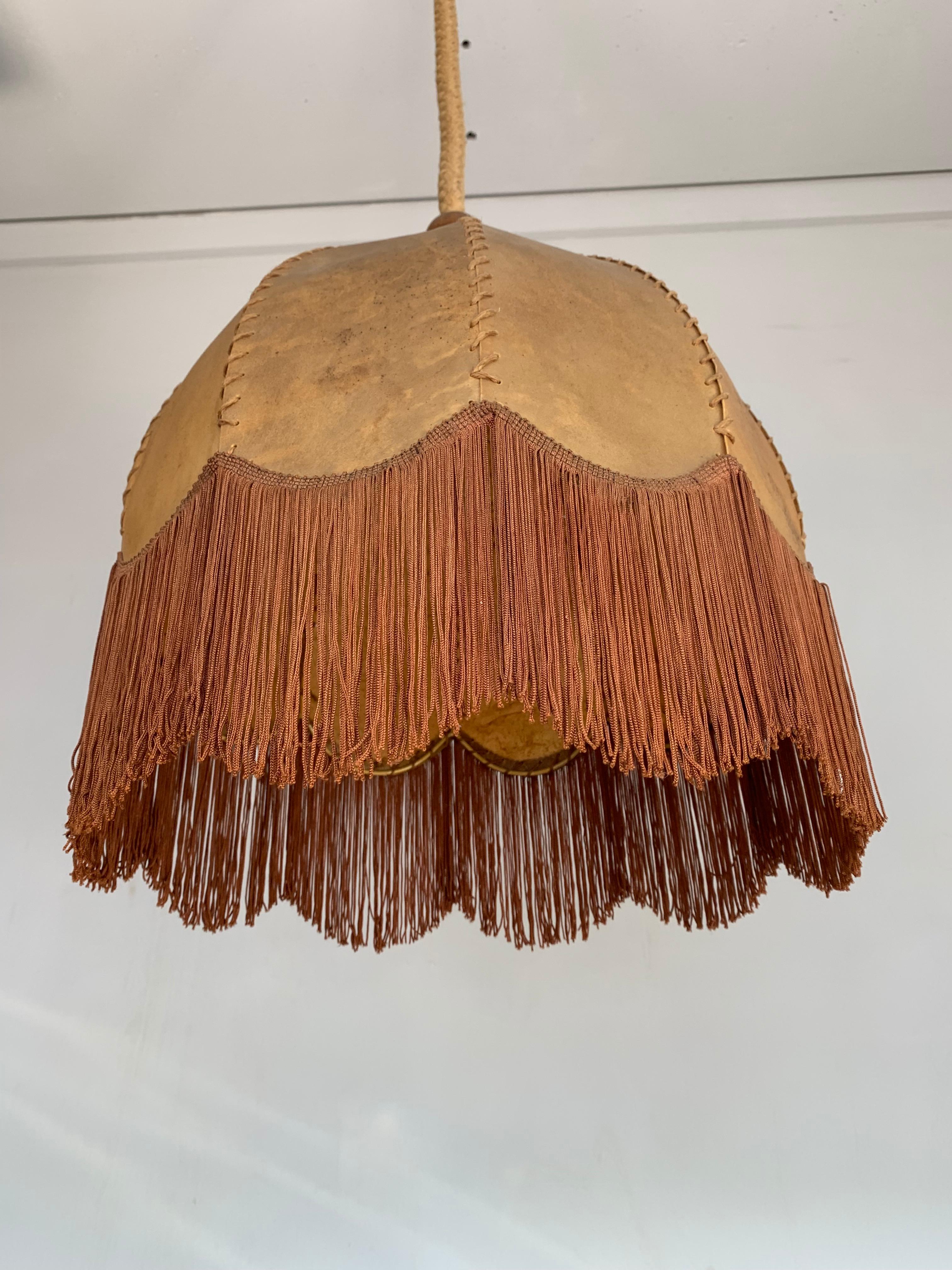 20th Century Good Looking Home Design Leather, Fringes, Wood and Rope Pendant Light, 1930s