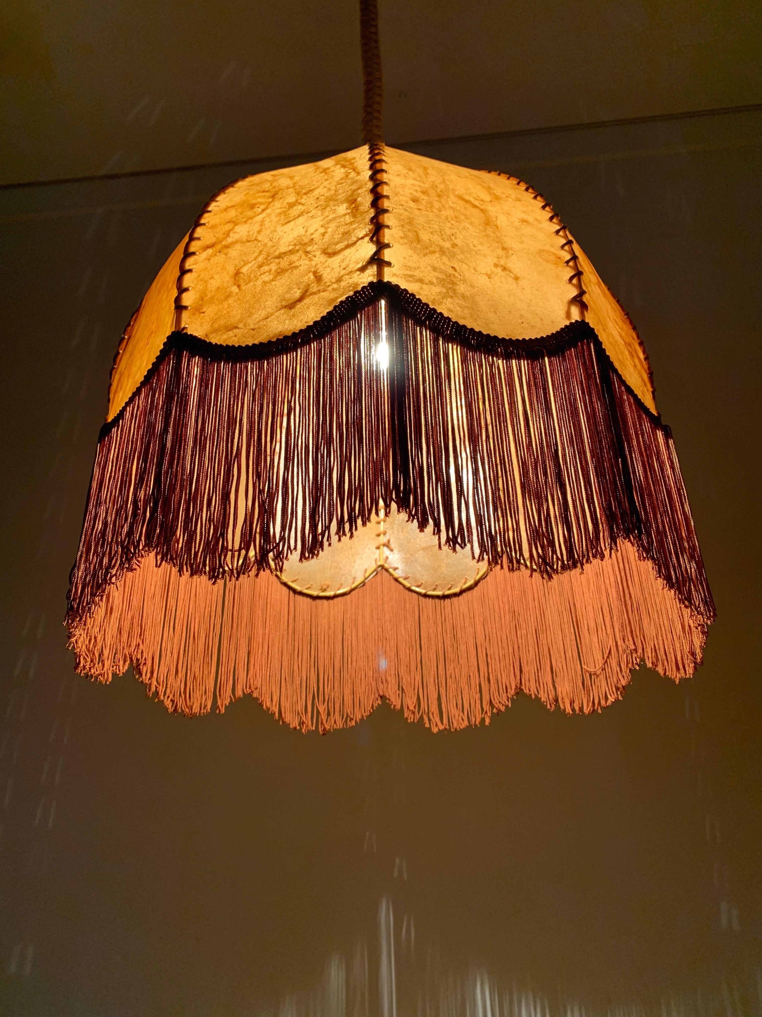 Good Looking Home Design Leather, Fringes, Wood and Rope Pendant Light, 1930s 1