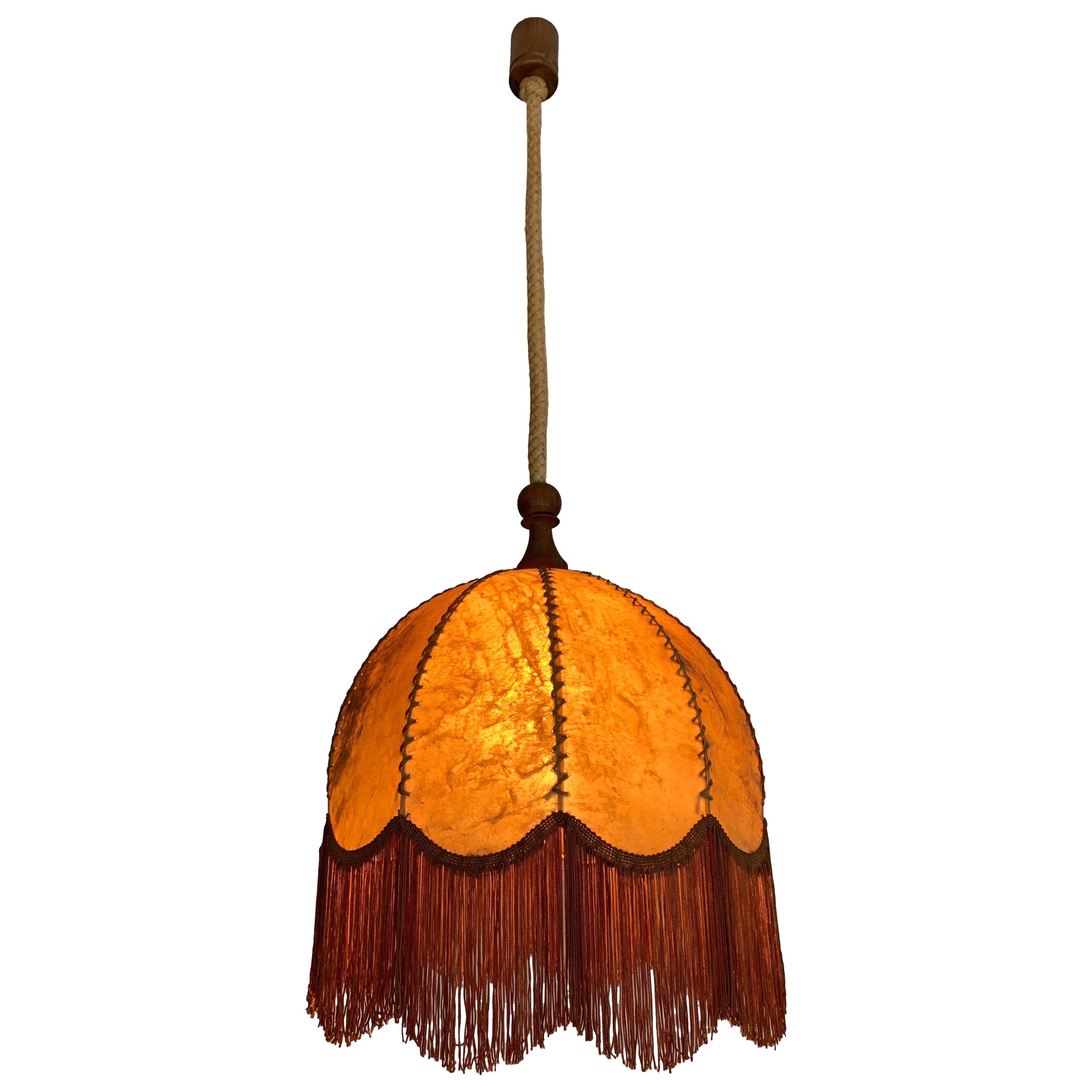 Good Looking Home Design Leather, Fringes, Wood and Rope Pendant Light, 1930s