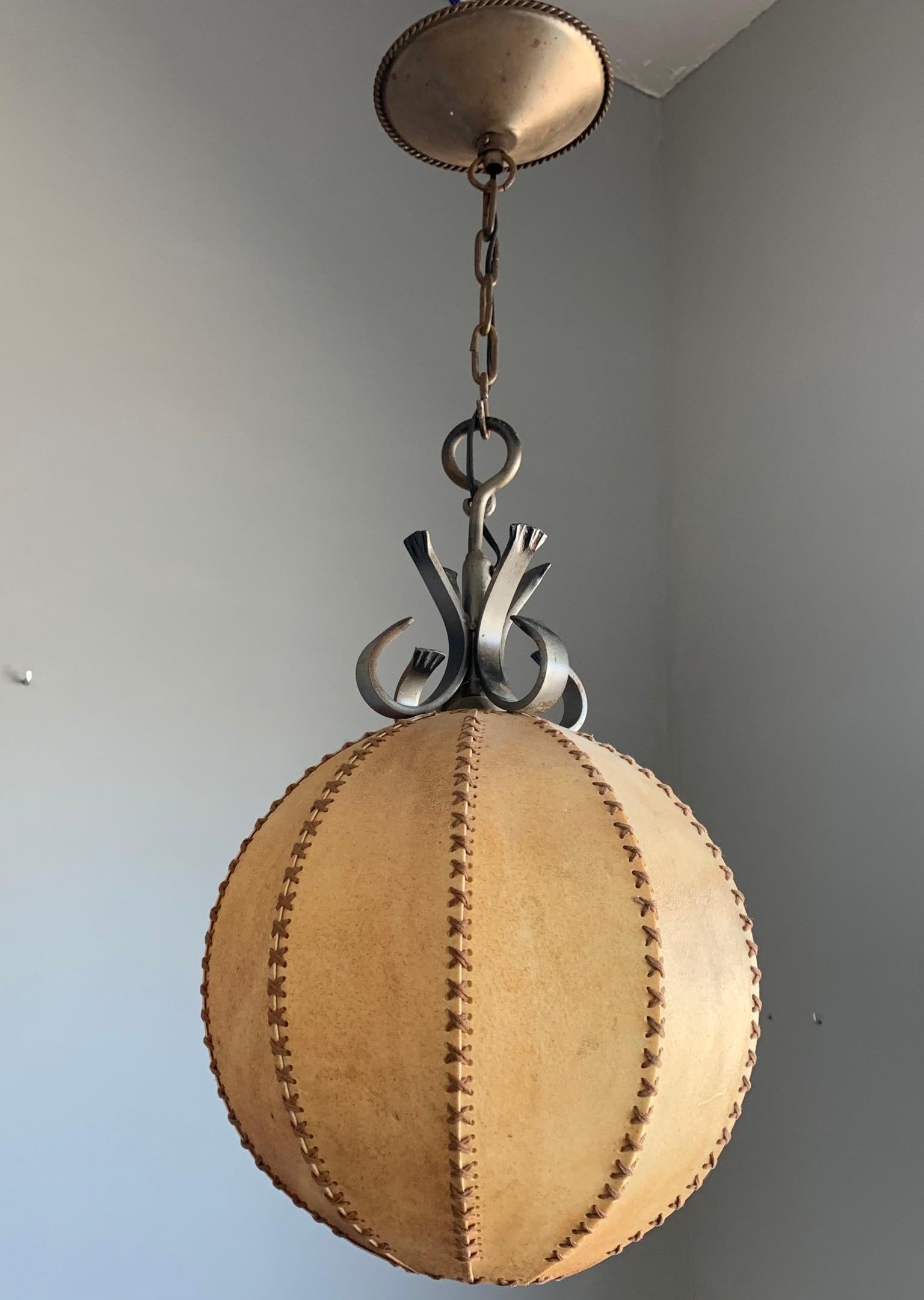 Good Looking Spherical or Round, Home Design 1930s Single Light Leather Pendant  For Sale 3