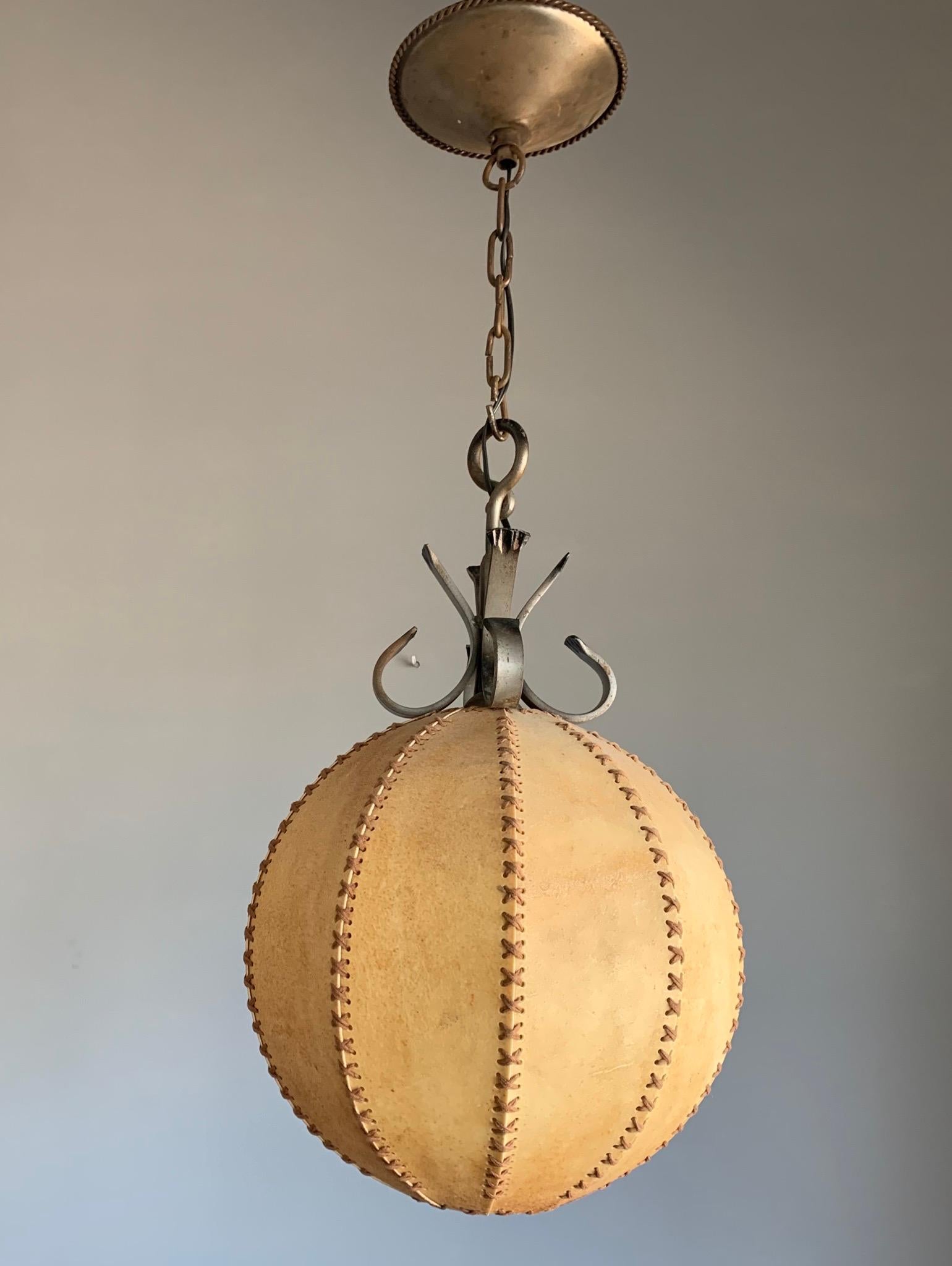 Good Looking Spherical or Round, Home Design 1930s Single Light Leather Pendant  For Sale 5