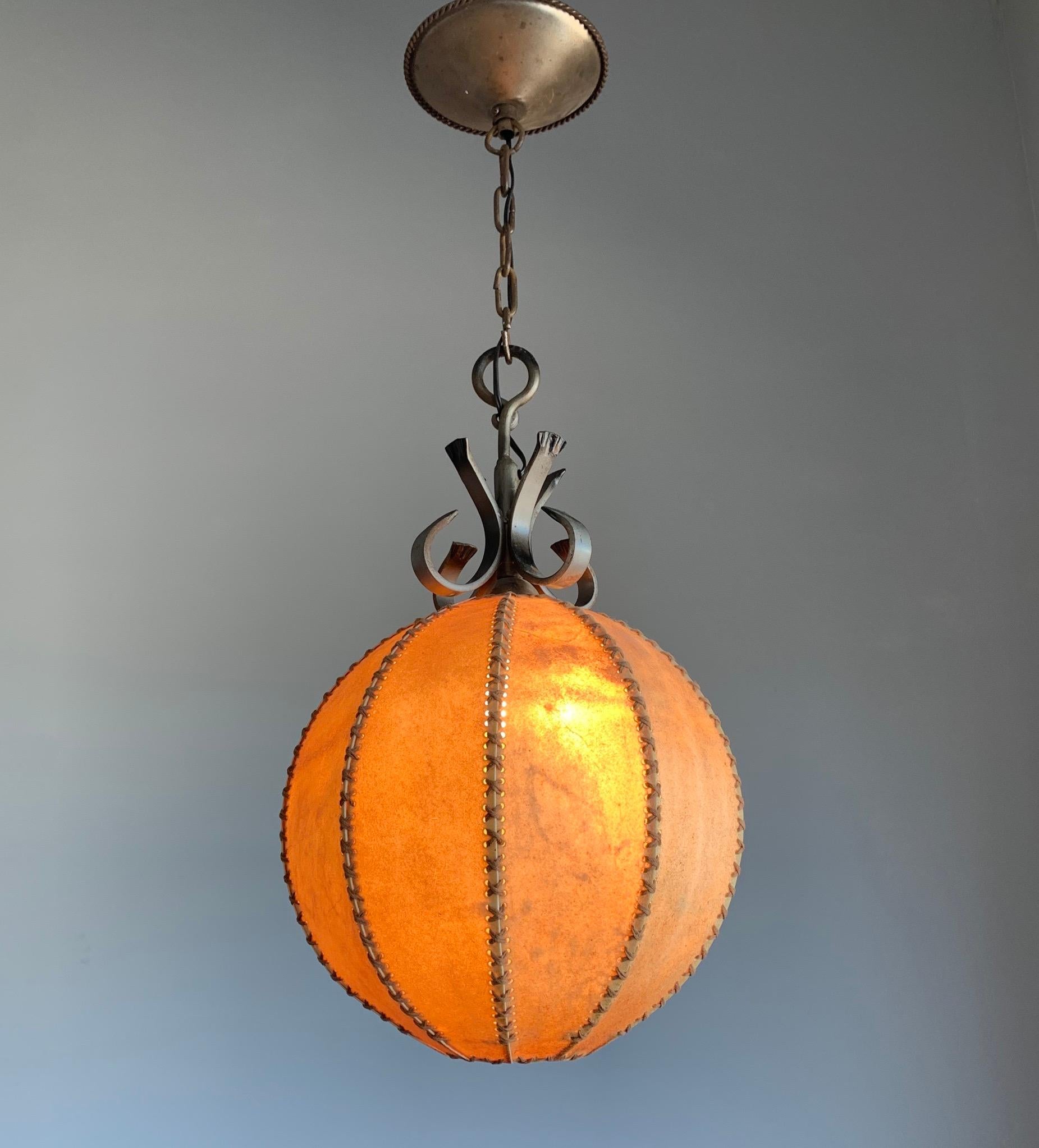 Good Looking Spherical or Round, Home Design 1930s Single Light Leather Pendant  For Sale 6