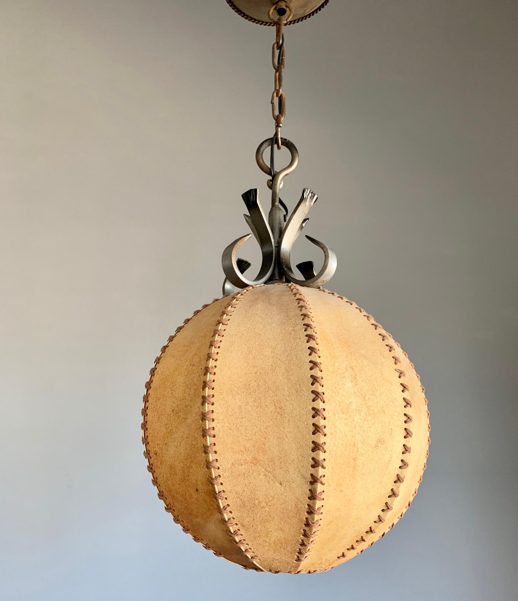 Good Looking Spherical or Round, Home Design 1930s Single Light Leather Pendant  For Sale 9