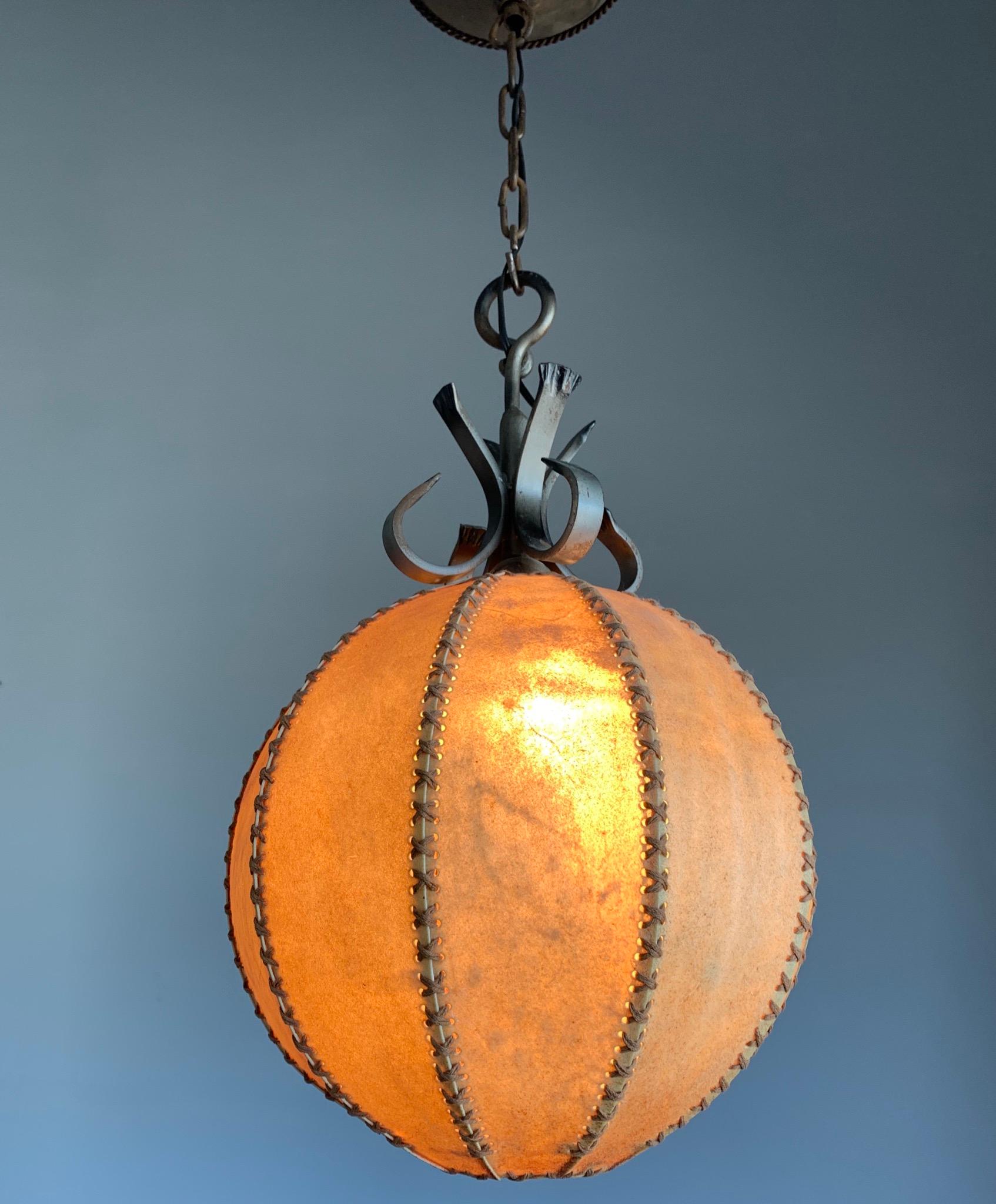 Good Looking Spherical or Round, Home Design 1930s Single Light Leather Pendant  For Sale 11