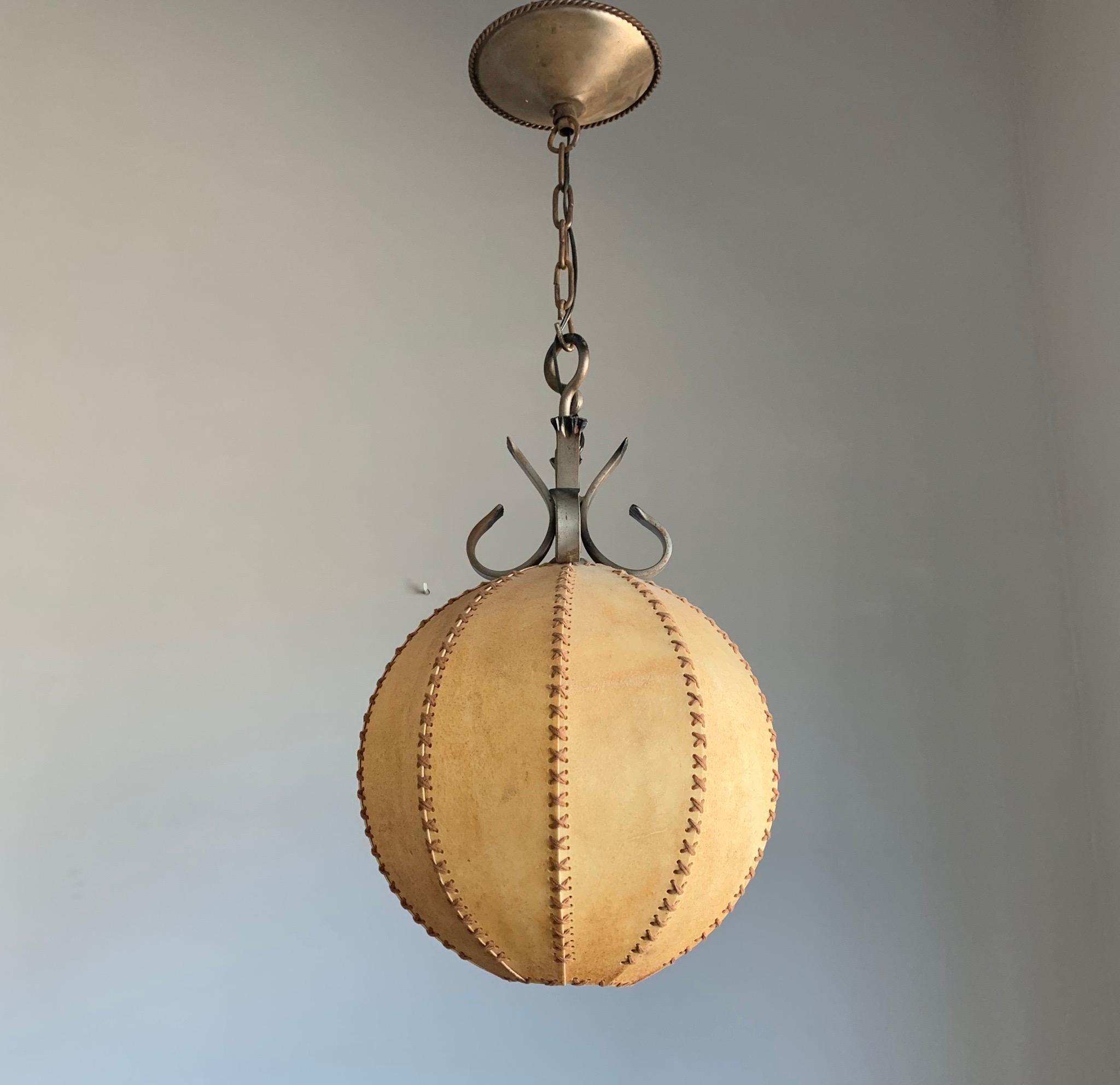 Rustic Good Looking Spherical or Round, Home Design 1930s Single Light Leather Pendant  For Sale