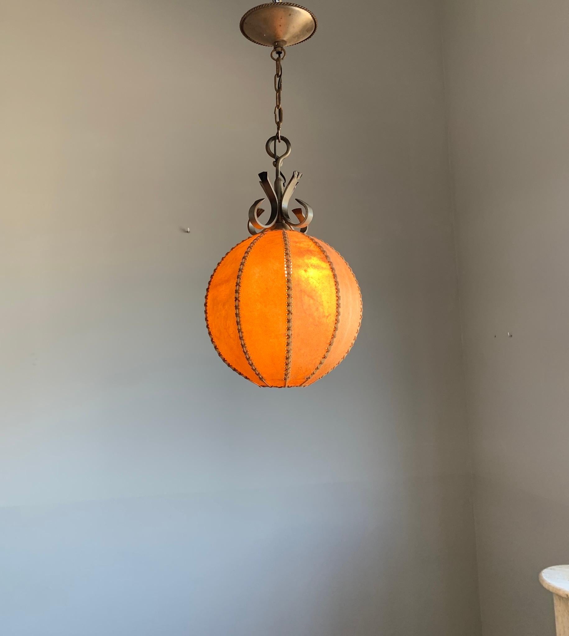 Dutch Good Looking Spherical or Round, Home Design 1930s Single Light Leather Pendant  For Sale