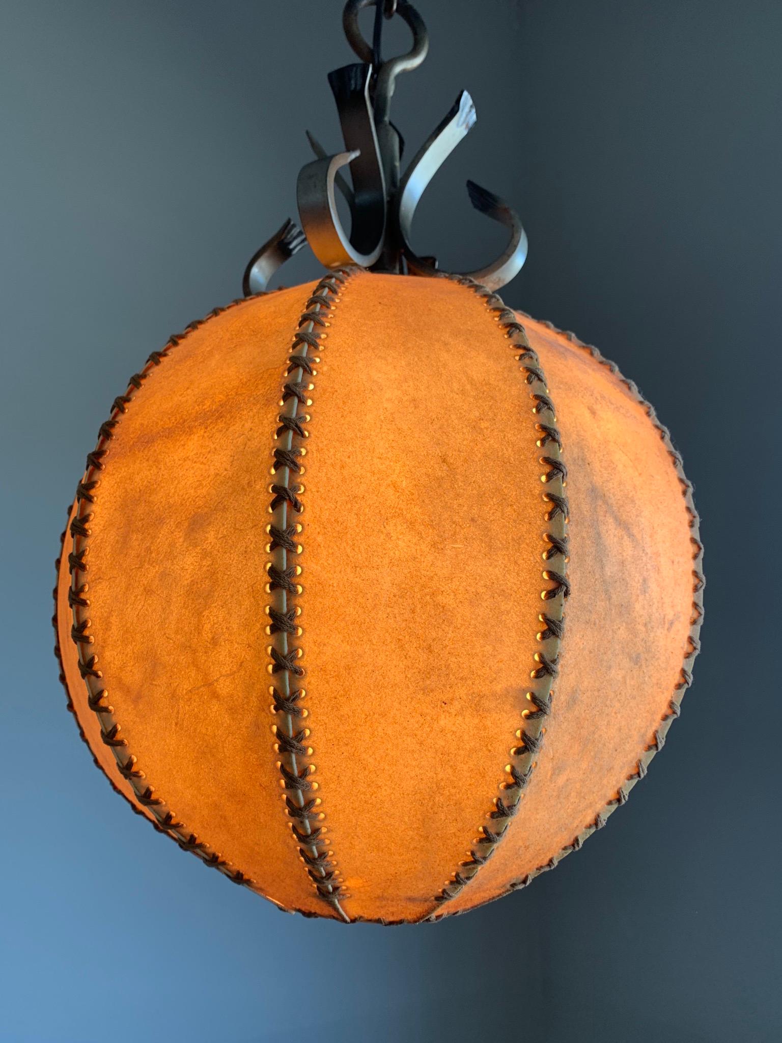 Good Looking Spherical or Round, Home Design 1930s Single Light Leather Pendant  In Good Condition For Sale In Lisse, NL