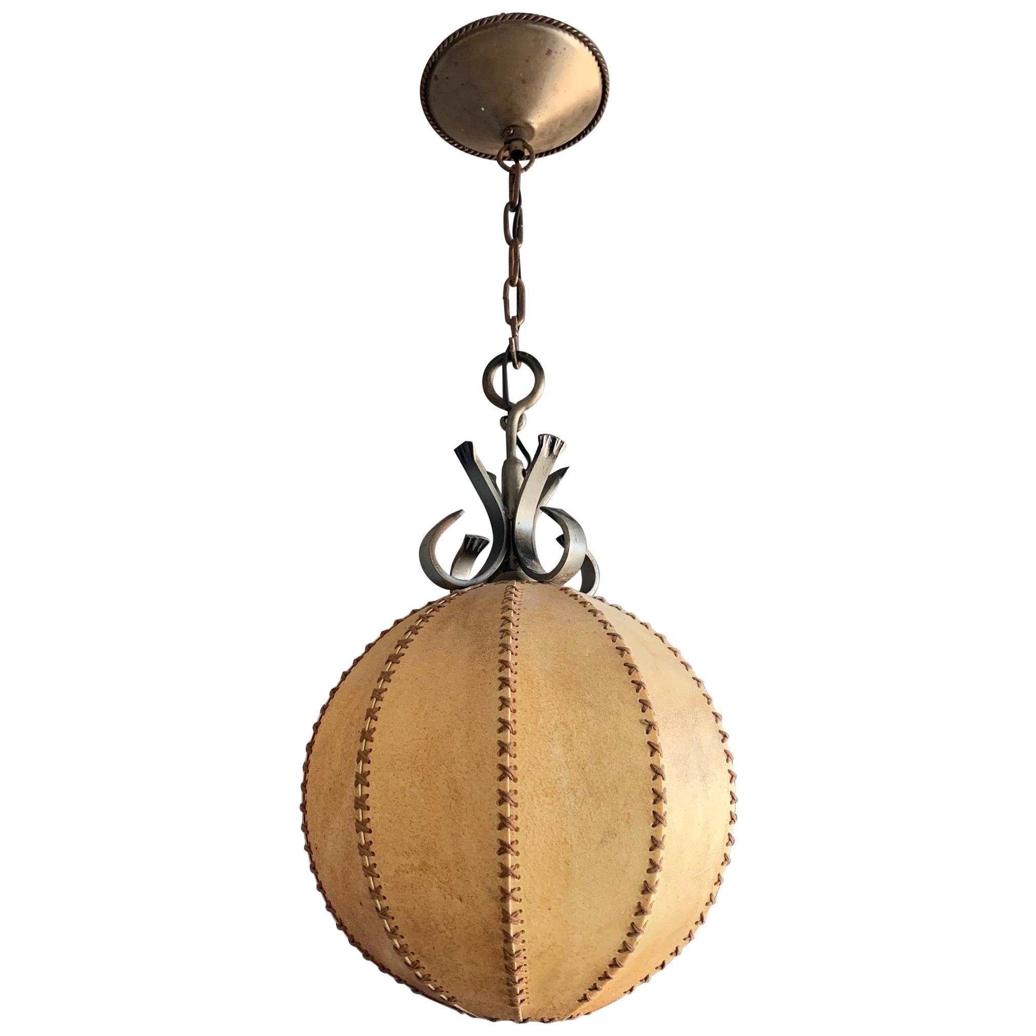 Good Looking Spherical or Round, Home Design 1930s Single Light Leather Pendant  For Sale