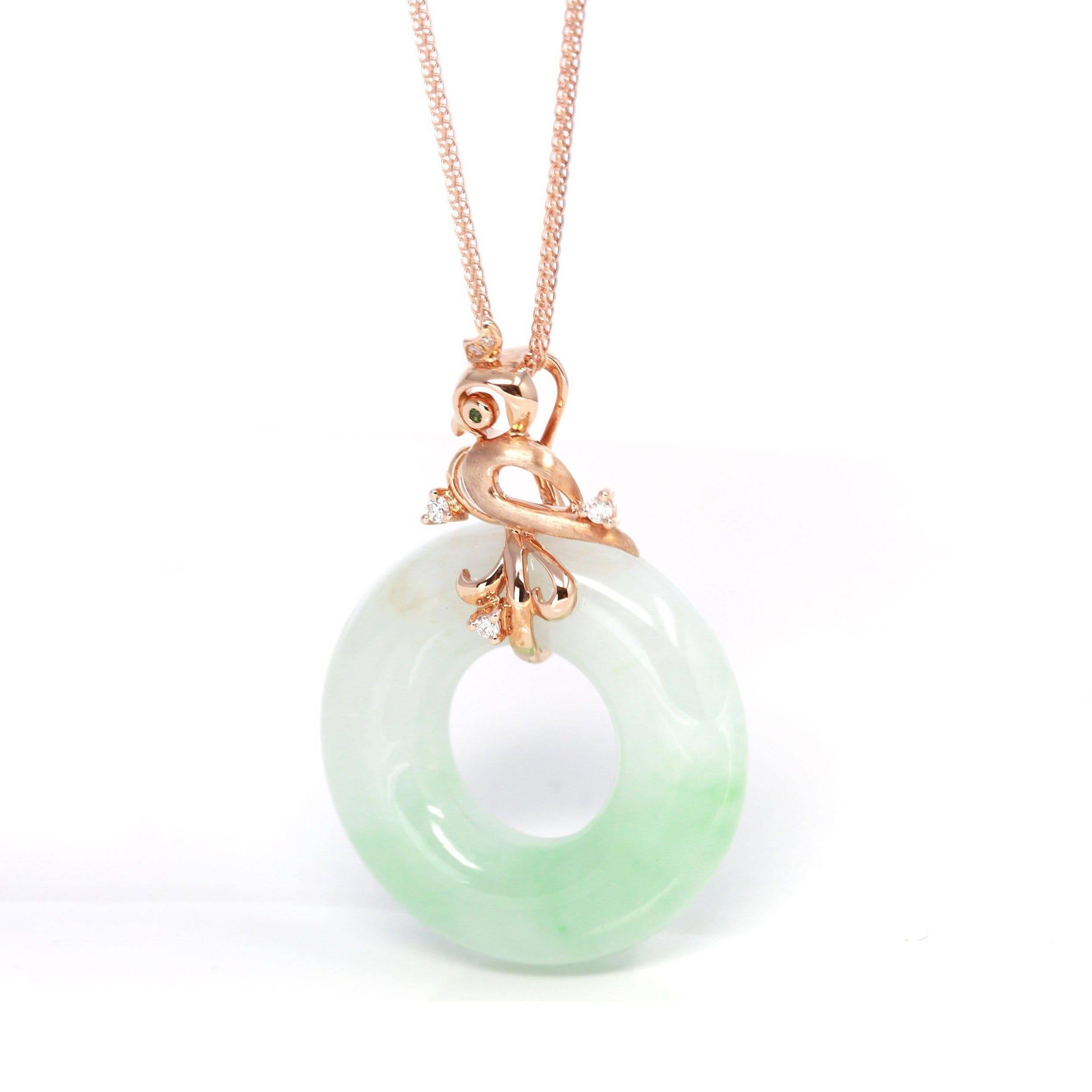 DESIGN CONCEPT--- 18k Rose Gold & Genuine Burmese Jadeite Pendant Necklace With AA quality Tourmaline and Diamonds. This pendant is made with high-quality genuine jadeite with some vibrant green, the jadeite piece looks so clean and smooth without