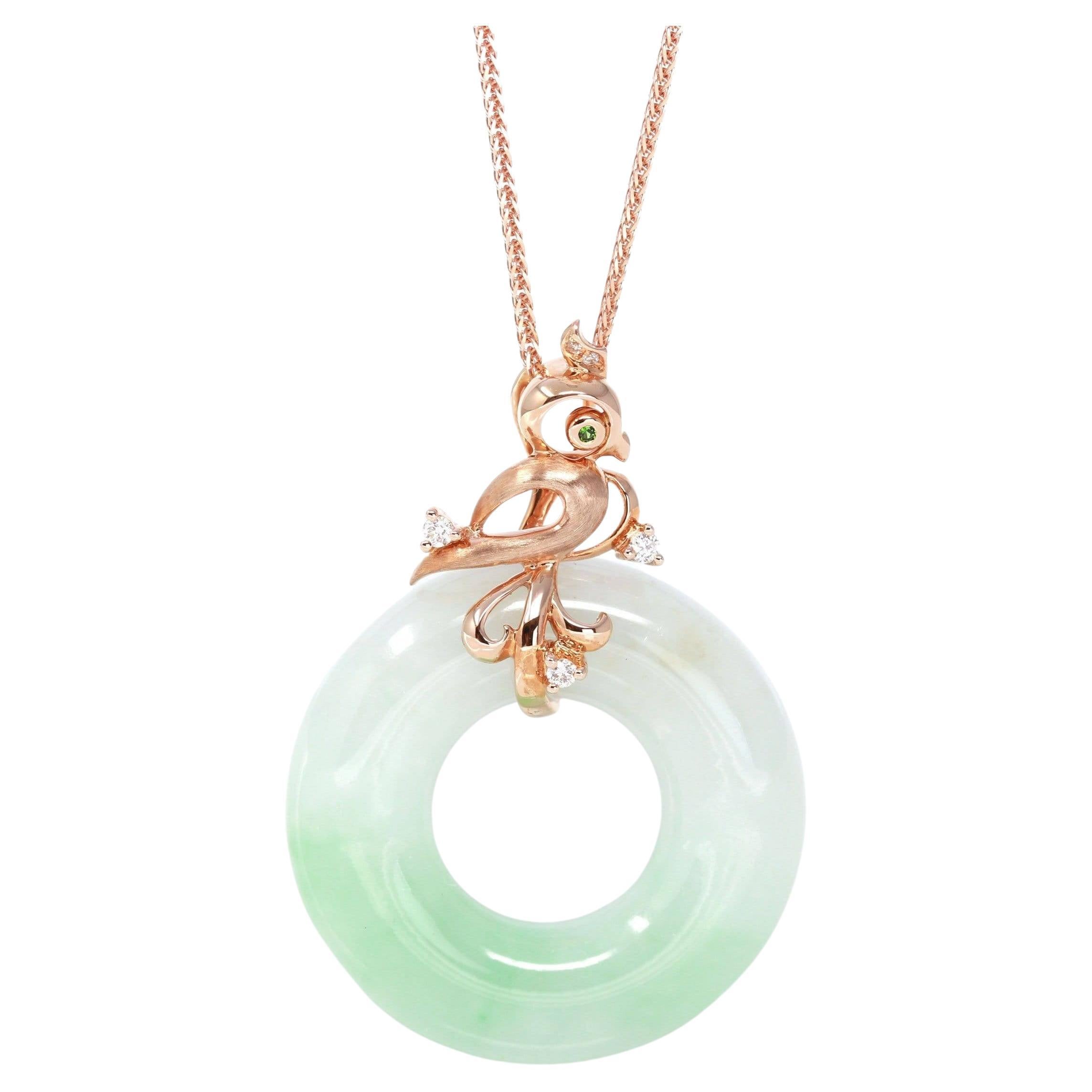 "Good Luck Birdie" 18k Rose Gold Jadeite Jade Necklace For Sale