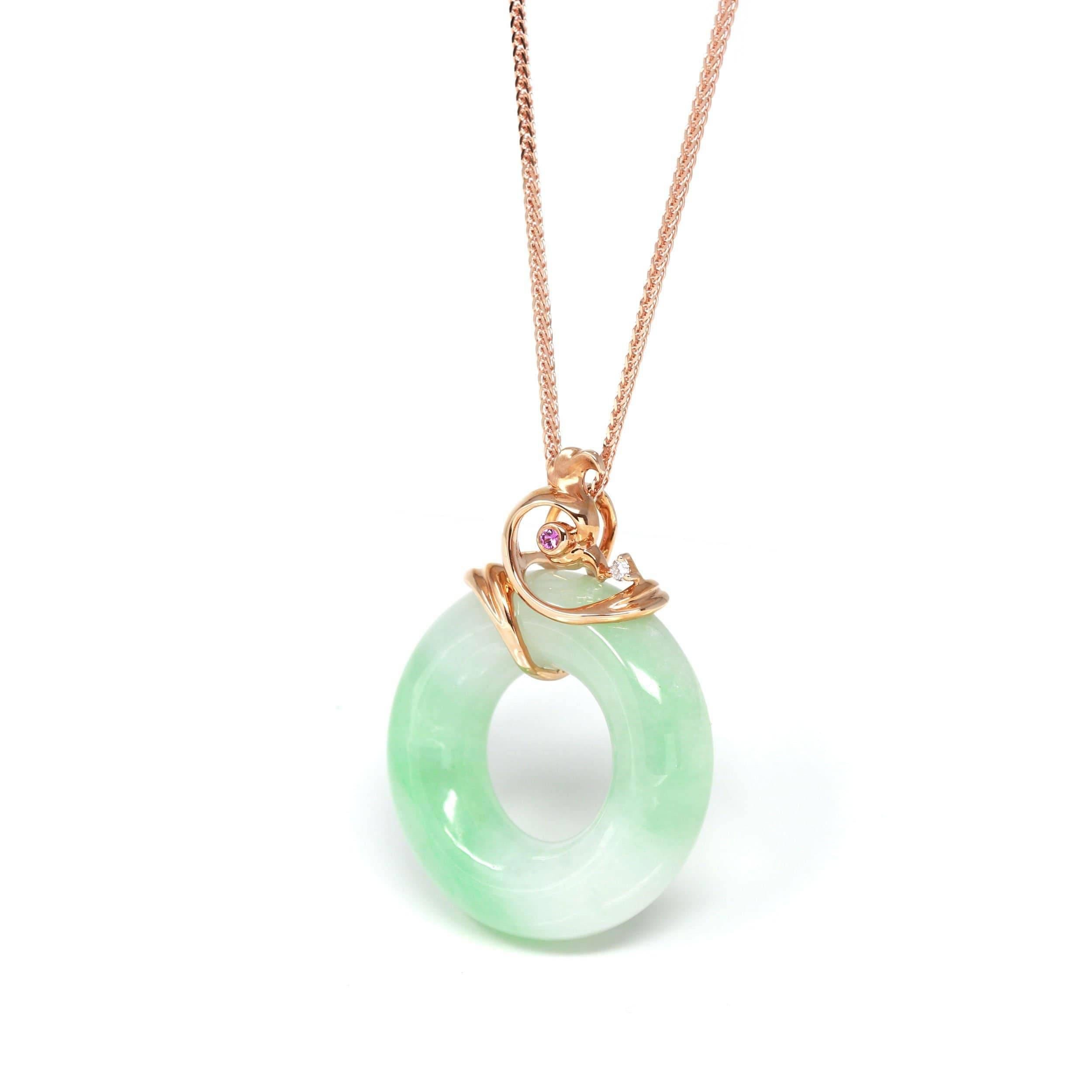 DESIGN CONCEPT--- 18k Rose Gold & Genuine Burmese Jadeite Pendant Necklace With AA Ruby. This pendant made with high-quality genuine jadeite with some green, The jadeite piece looks so clean and smooth without any clouds or cracks or any dirty