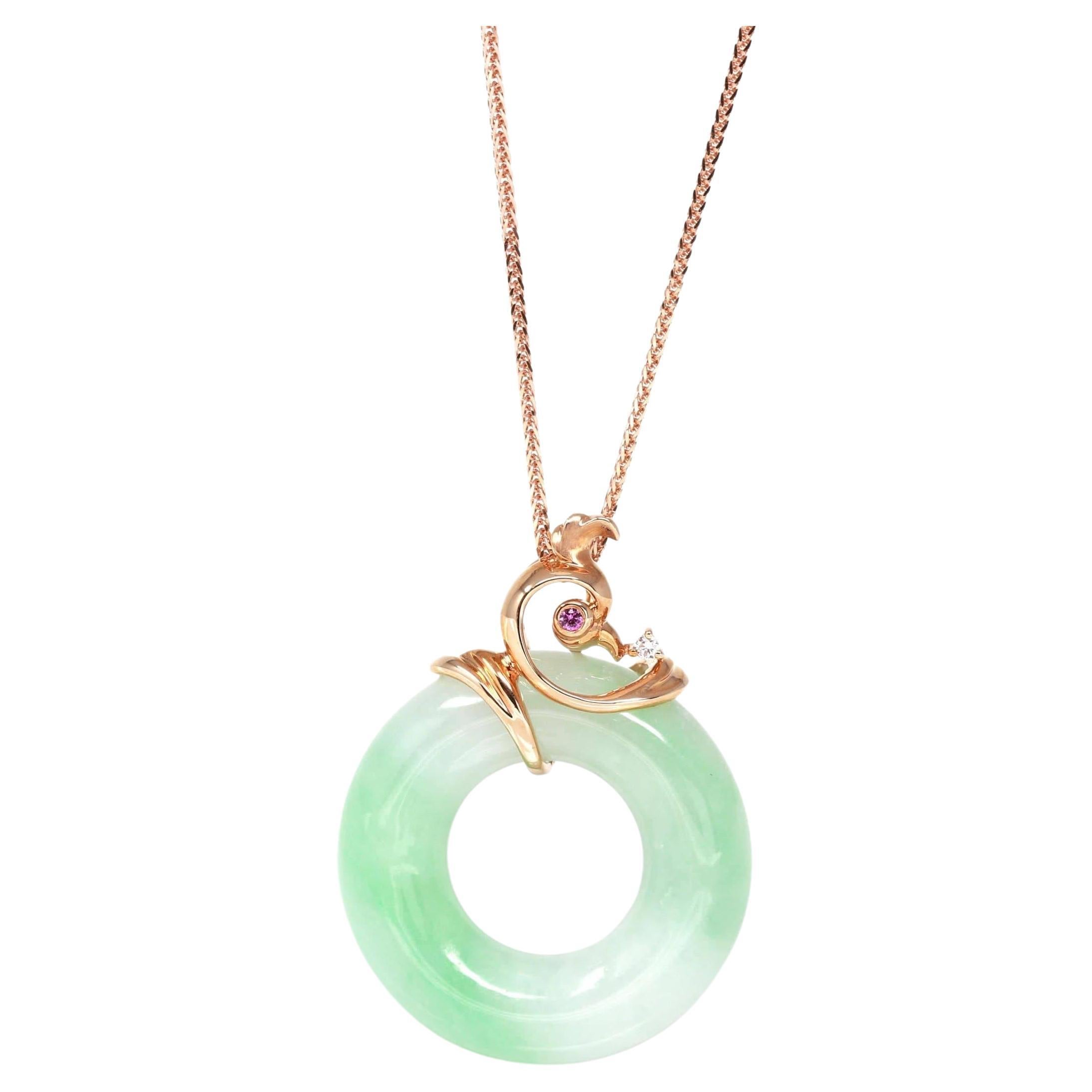 "Good Luck Birdie" 18k Rose Gold Jadeite Lucky Pendant With AA Ruby & Diamond For Sale