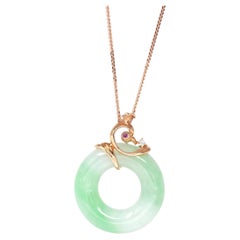 "Good Luck Birdie" 18k Rose Gold Jadeite Lucky Pendant With AA Ruby & Diamond