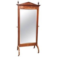 Good Mahogany Inlaid Edwardian Period Cheval Dressing Mirror