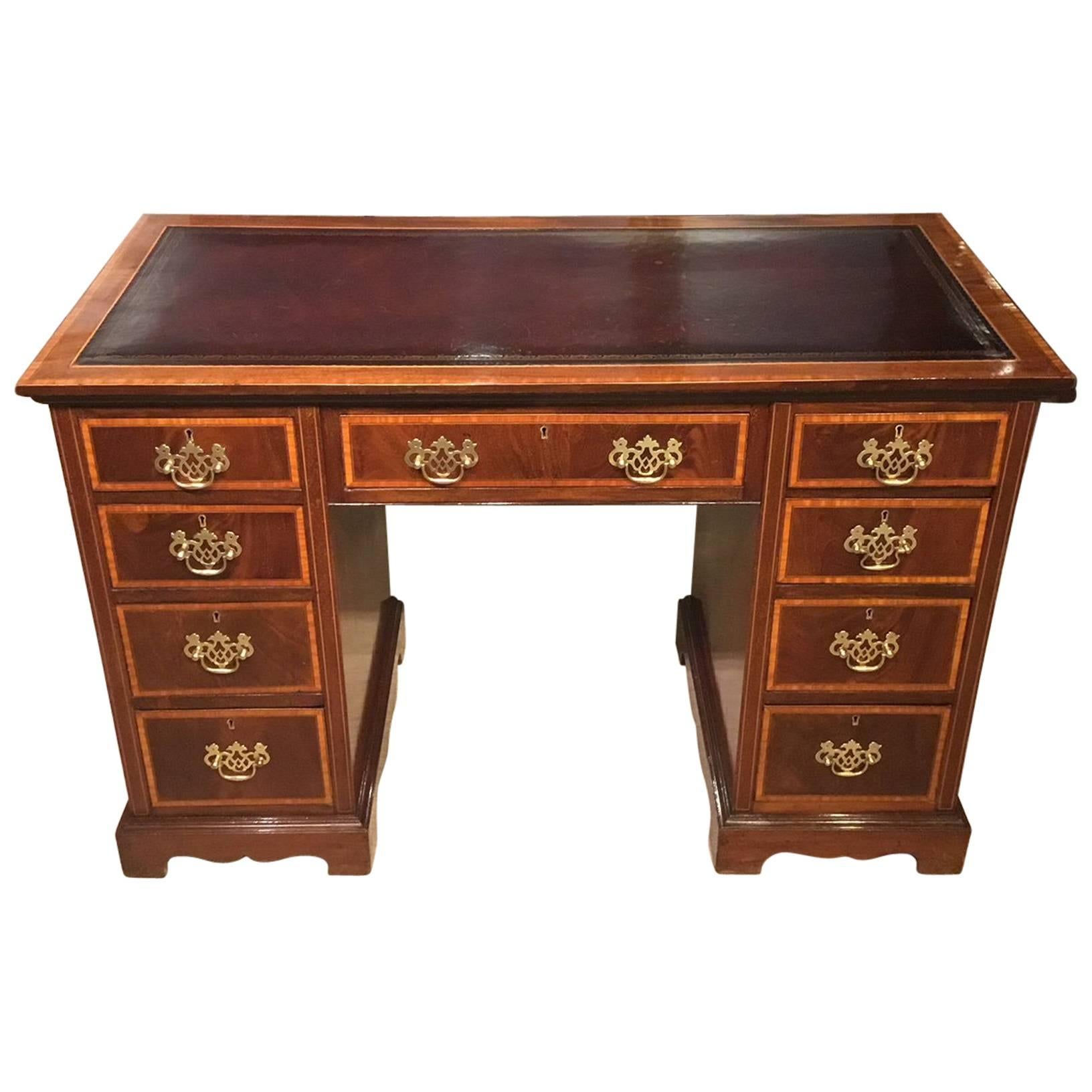 Good Mahogany Inlaid Edwardian Period Pedestal Desk