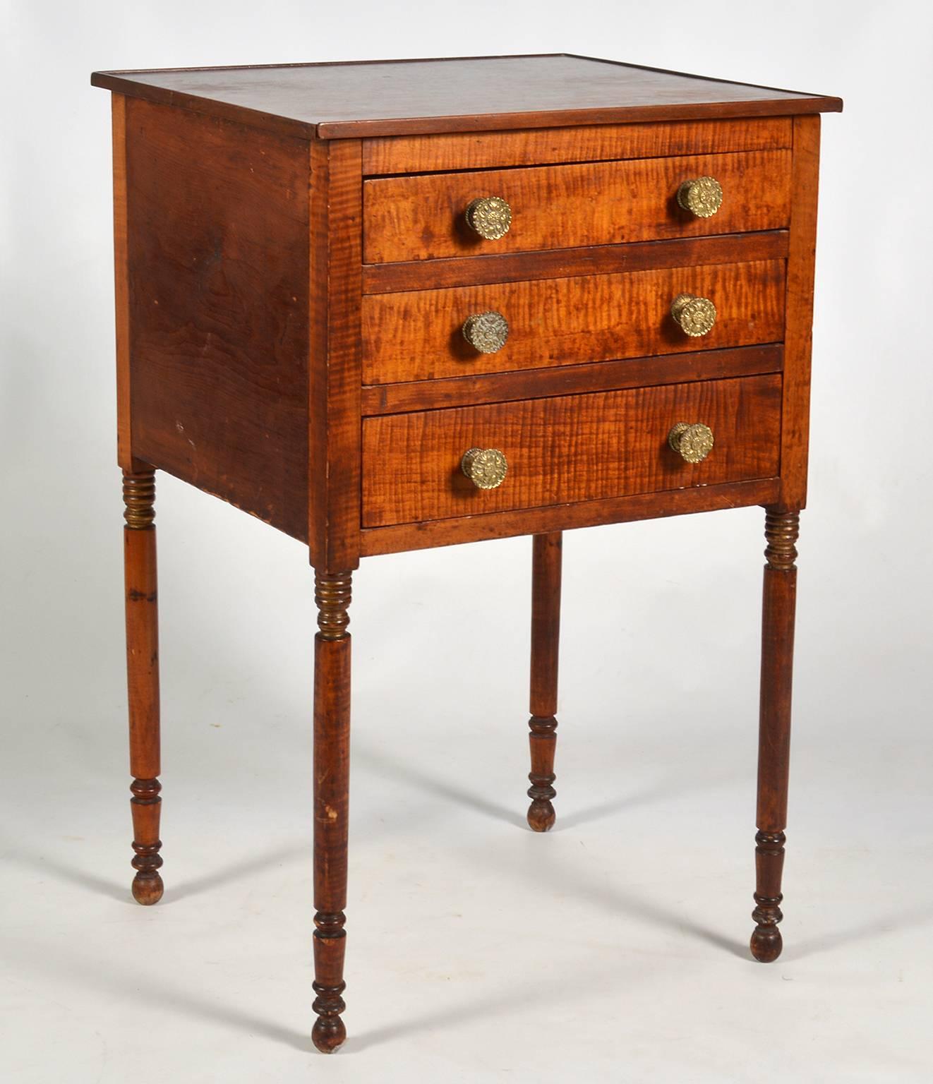 Brass Good Mid-19th Century Pennsylvania Sheraton Tiger Maple Three-Drawer Work Table