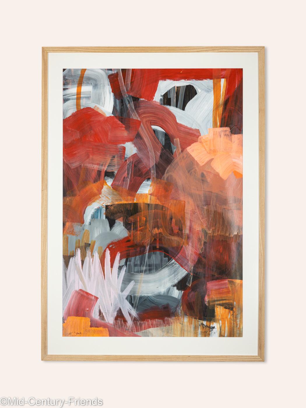 Abstract painting in wild and powerful strokes. Ready to hang, framed with a passepartout in a handcrafted ash wood picture frame behind anti-reflective acrylic glass.

Size without frame: W 59 cm x H 88 cm.