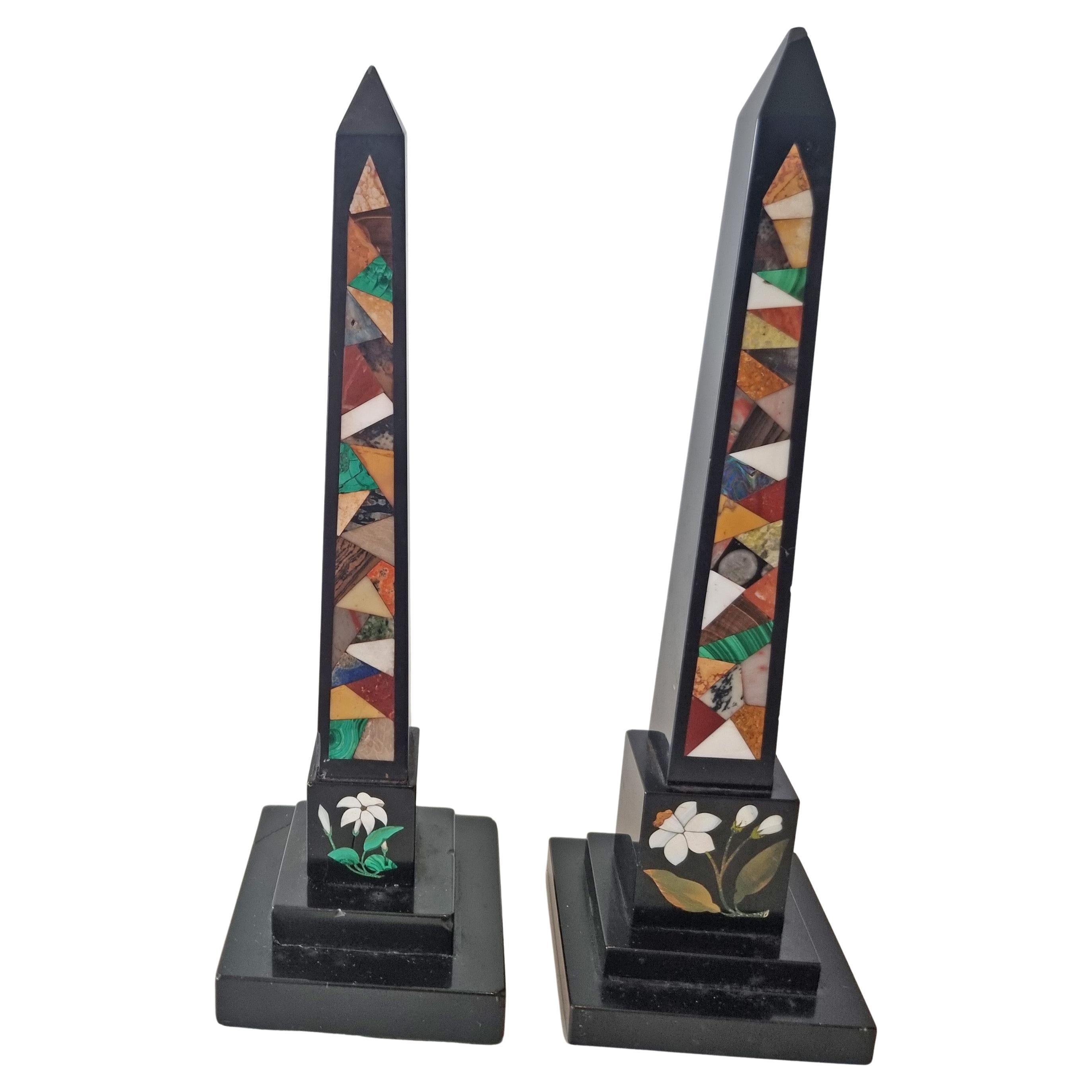 Good near Pair of Antique English Pietra Dura Obelisks