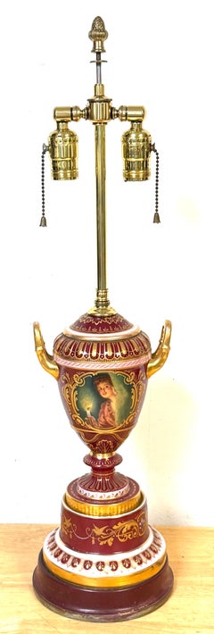 “Good Night” Vienna Style Porcelain Urn Lamp Maiden and Candle, Signed F. Koller
