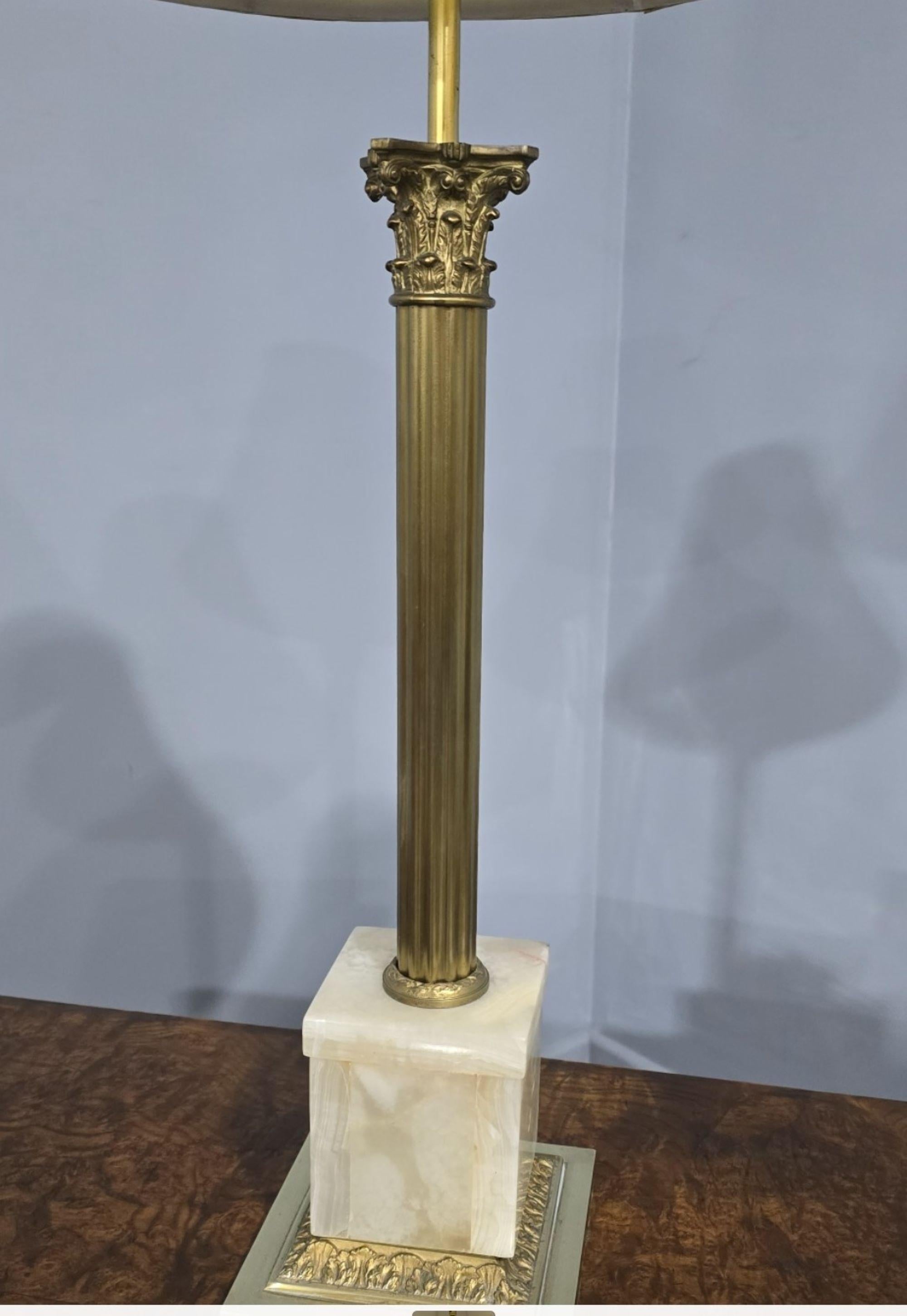 Classical Roman Good Pair Brass Corinthian Column Lamps For Sale