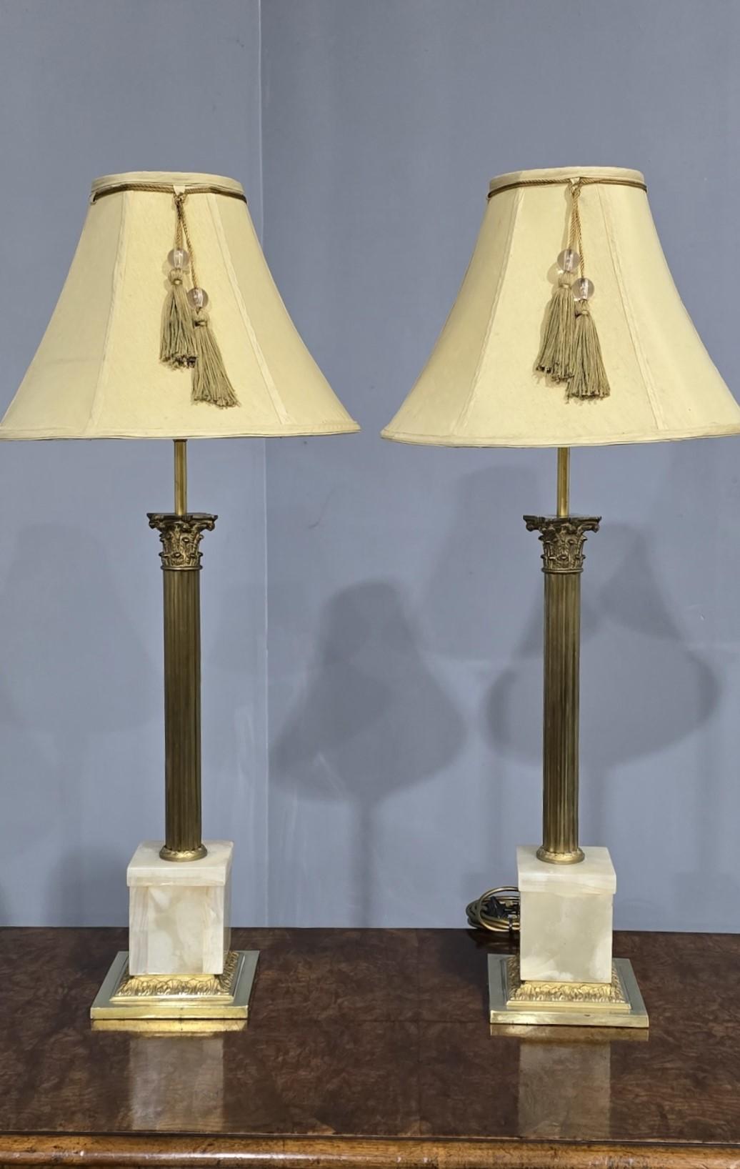 20th Century Good Pair Brass Corinthian Column Lamps For Sale