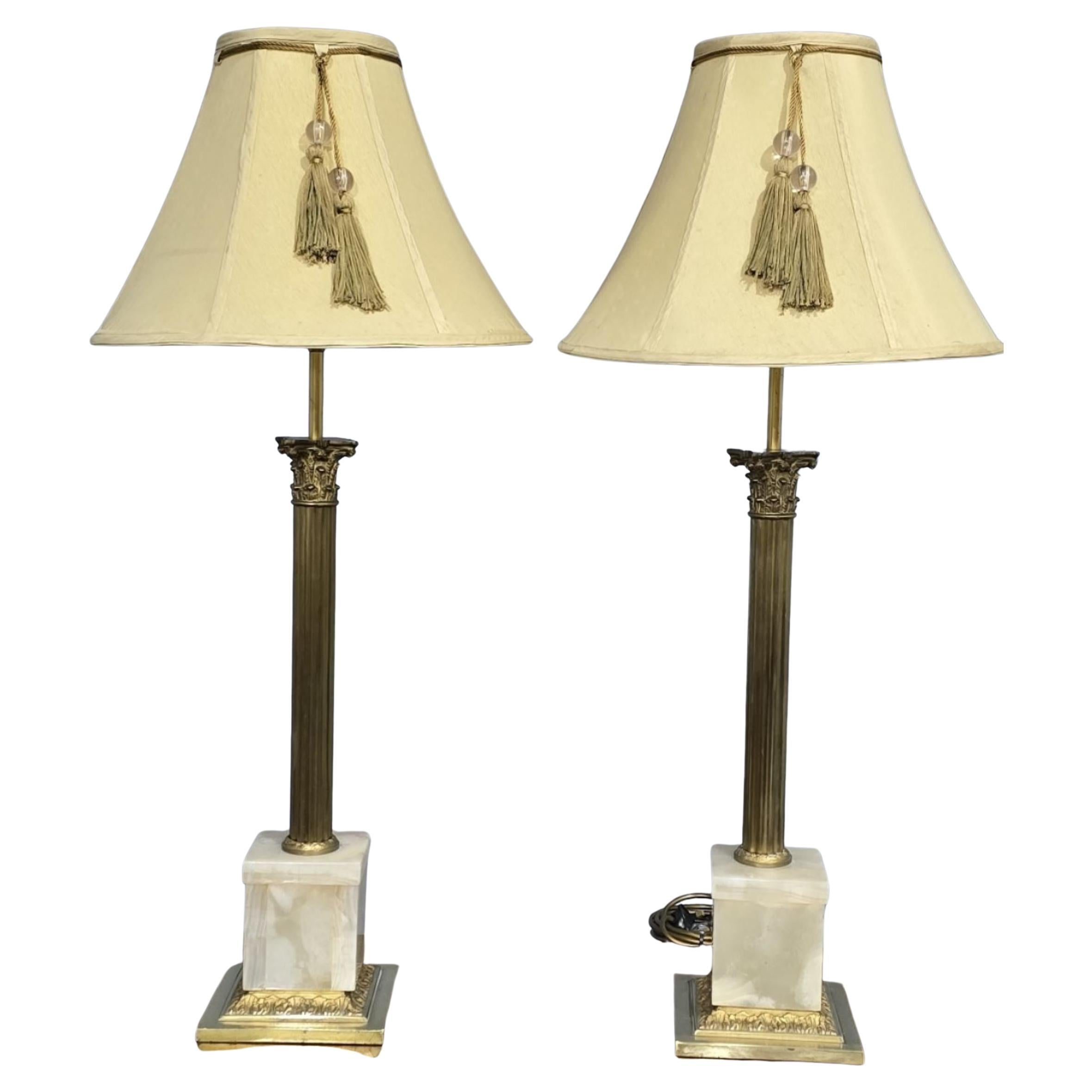 Good Pair Brass Corinthian Column Lamps For Sale