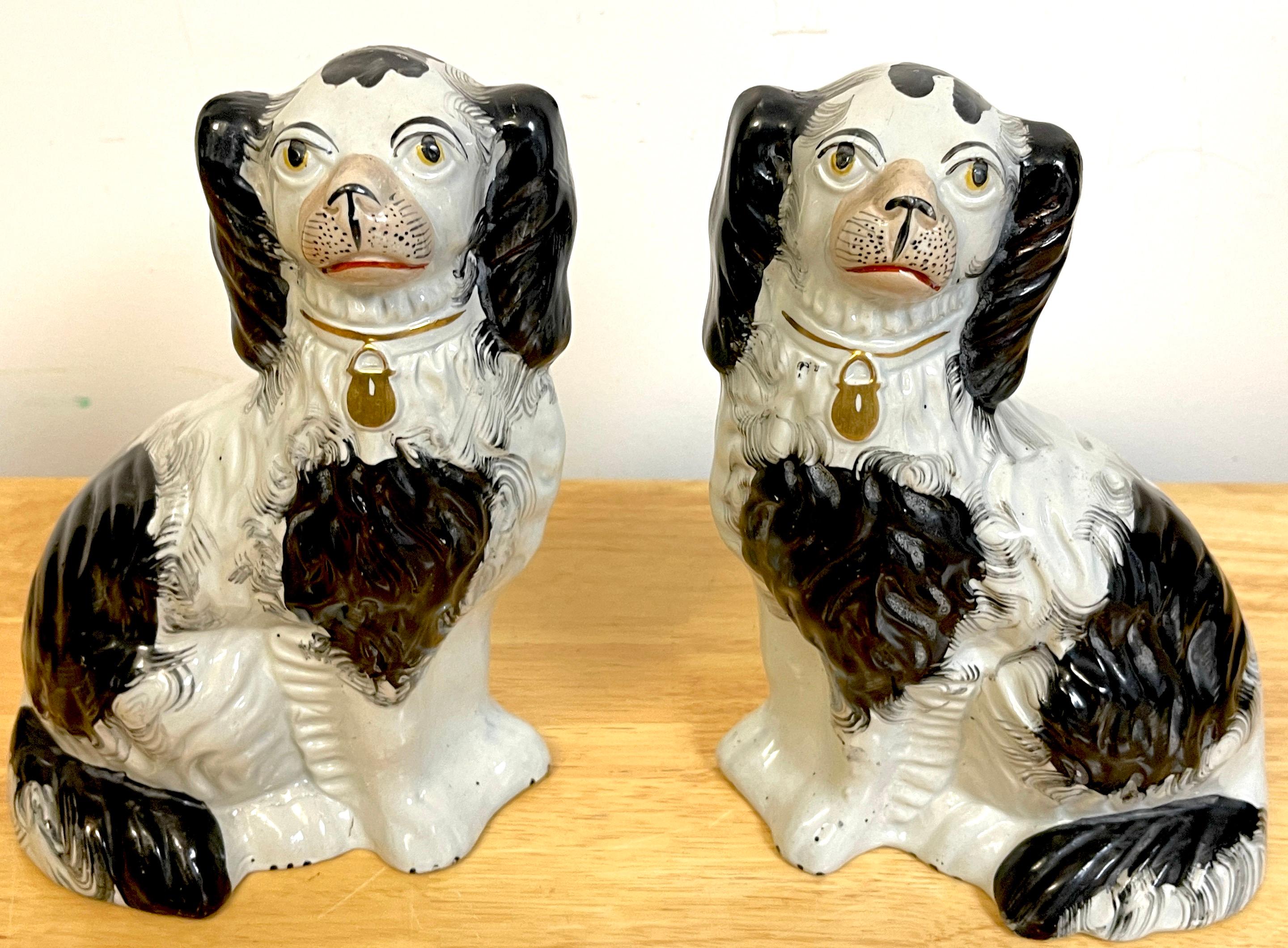 High Victorian Good Pair of 19th C Staffordshire Black & White Spaniels 