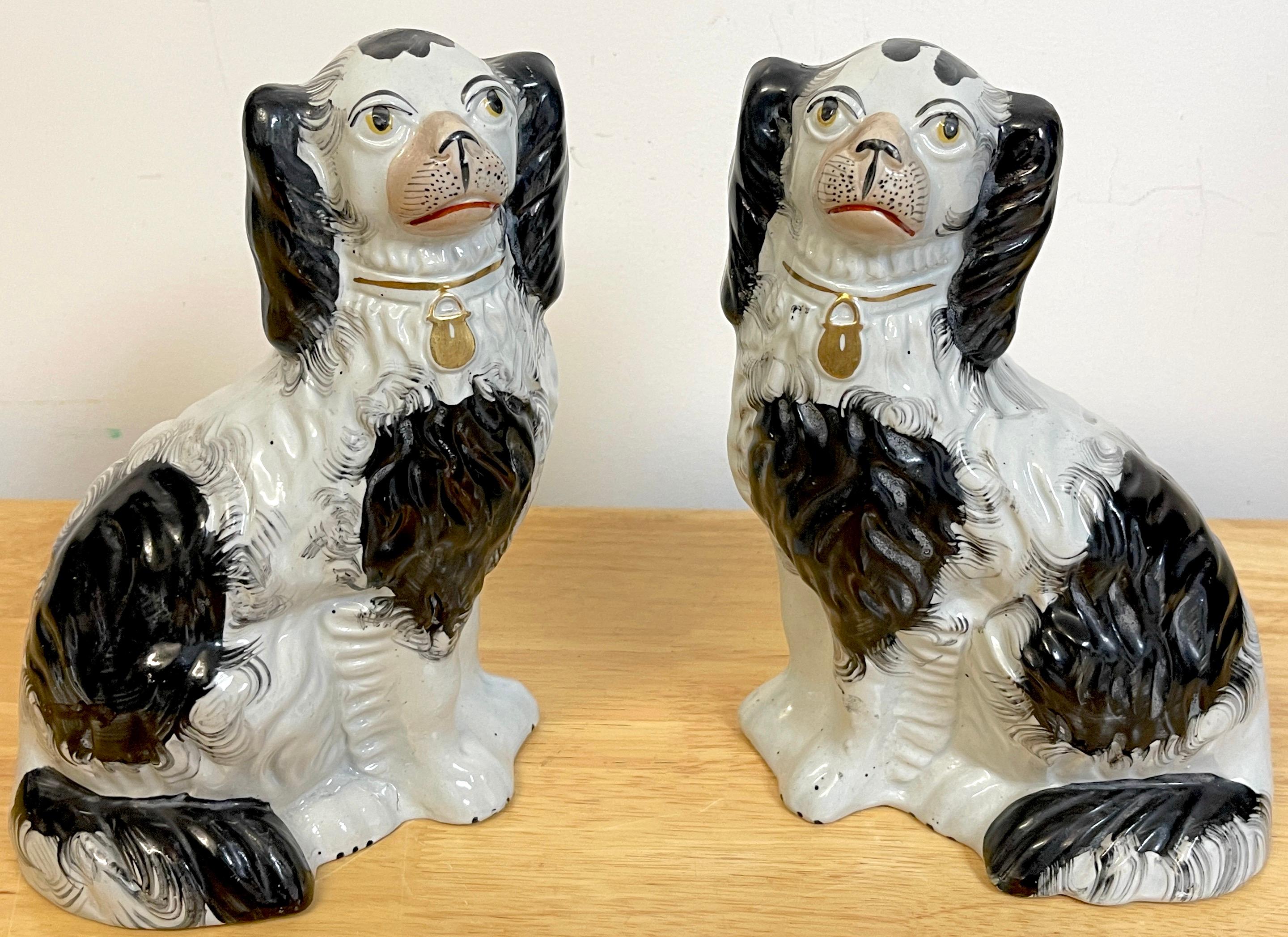 English Good Pair of 19th C Staffordshire Black & White Spaniels 