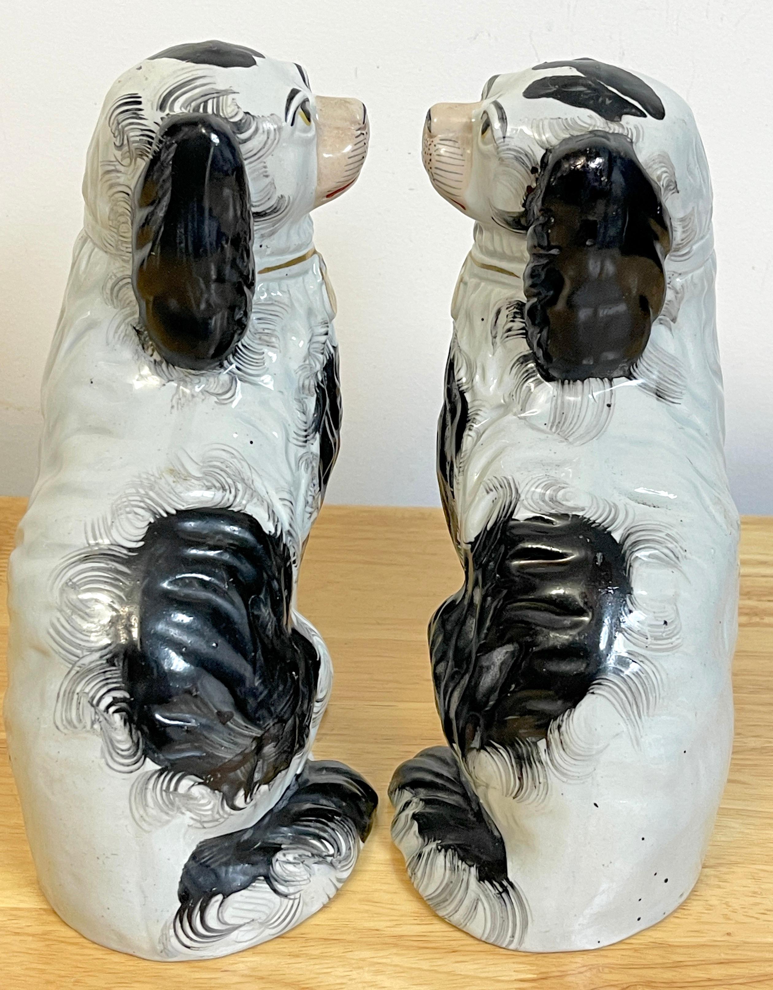 Hand-Painted Good Pair of 19th C Staffordshire Black & White Spaniels 