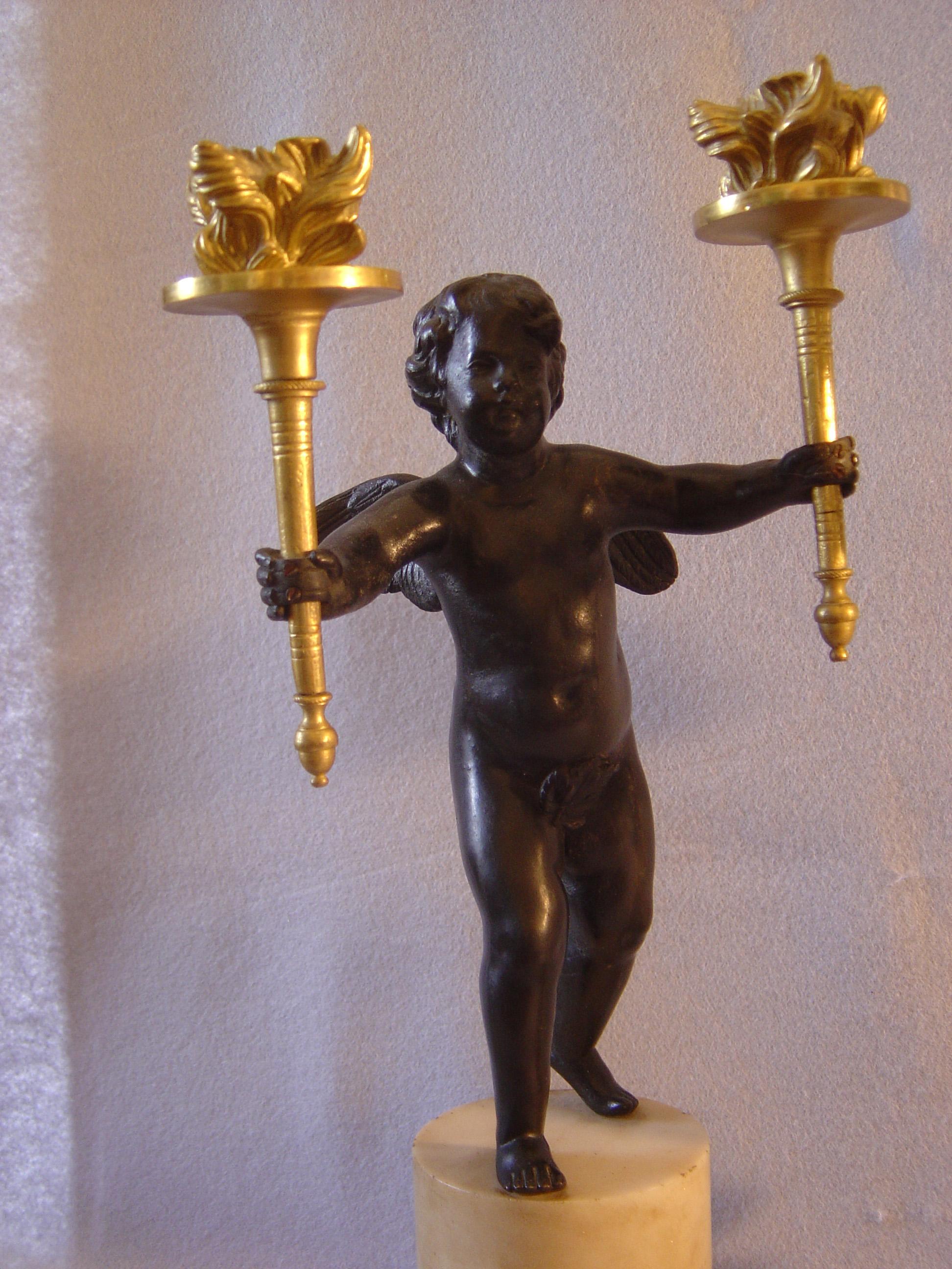 Patinated Good Pair of Antique English Regency Figural Candelabra For Sale