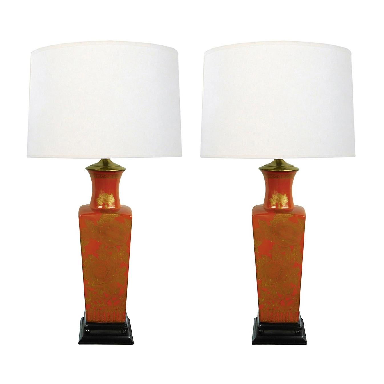 Good Pair of Chinese 1960's Red-Orange Glazed Lamps with Gilt Decoration