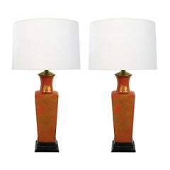 Good Pair of Chinese 1960's Red-Orange Glazed Lamps with Gilt Decoration