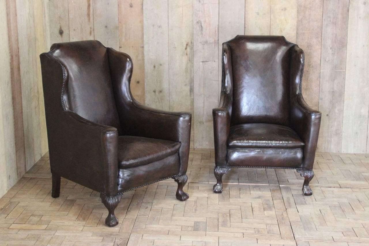 Georgian Good Pair of circa 1910 English Wingback Leather Armchairs